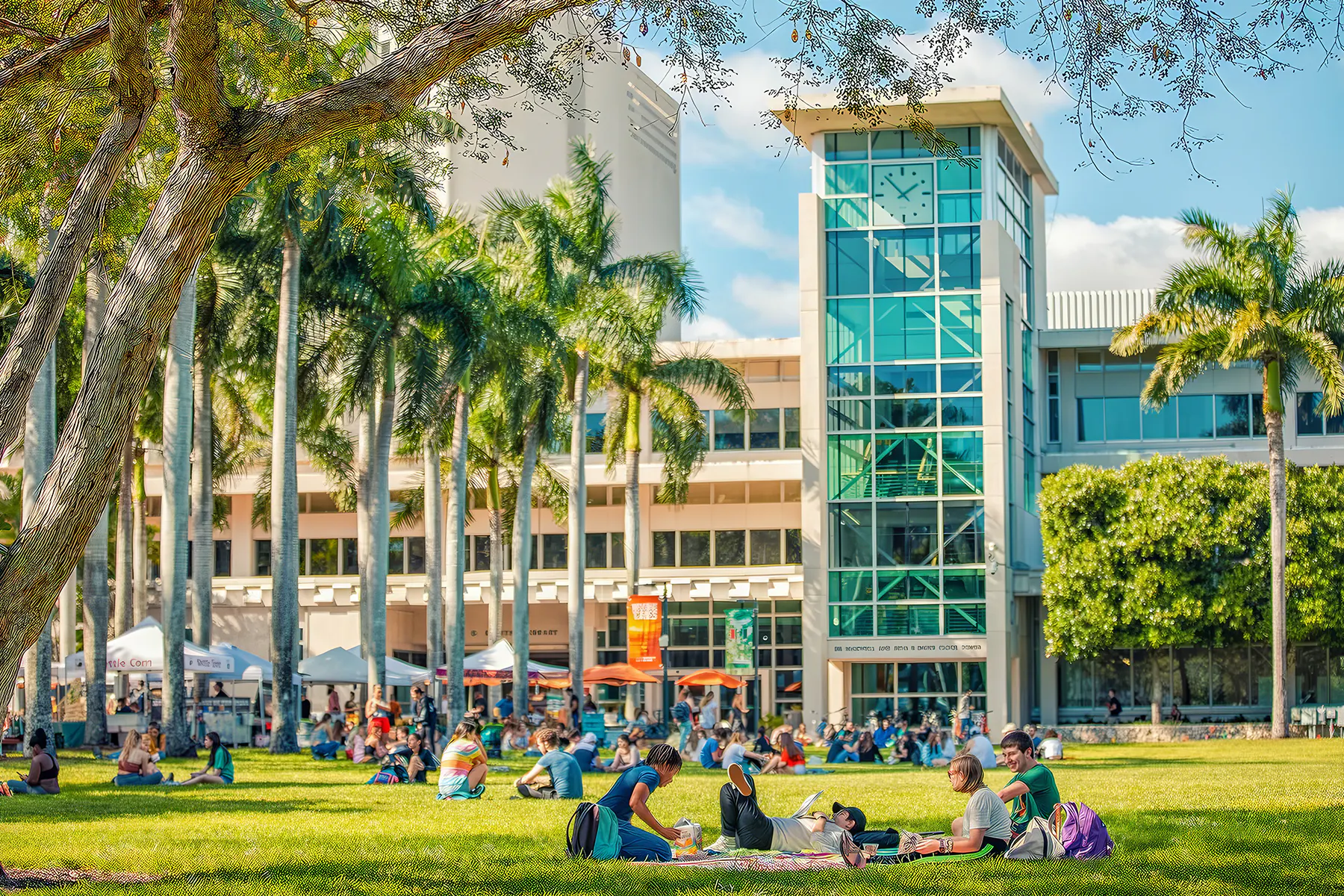 A photo of showing palm trees, students on a lawn, and a tall glass building on the University of Miami campus