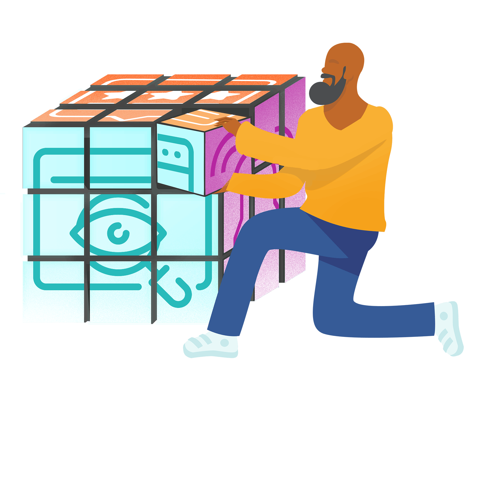 An illustration of a man putting missing piece into a rubik's cube like puzzle