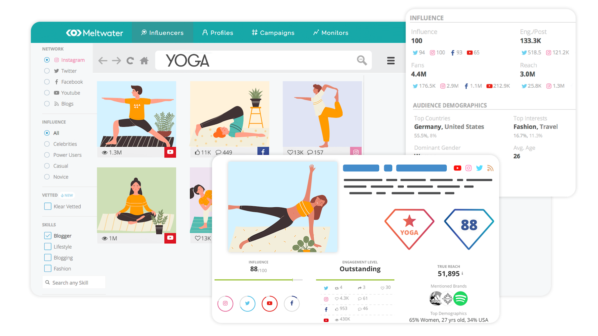 Different Meltwater product illustrations for dashboards and reports