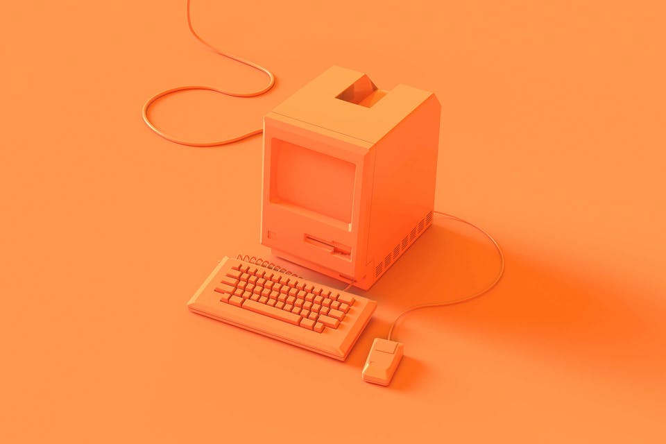 3D Illustration eines orangenen alten Computers