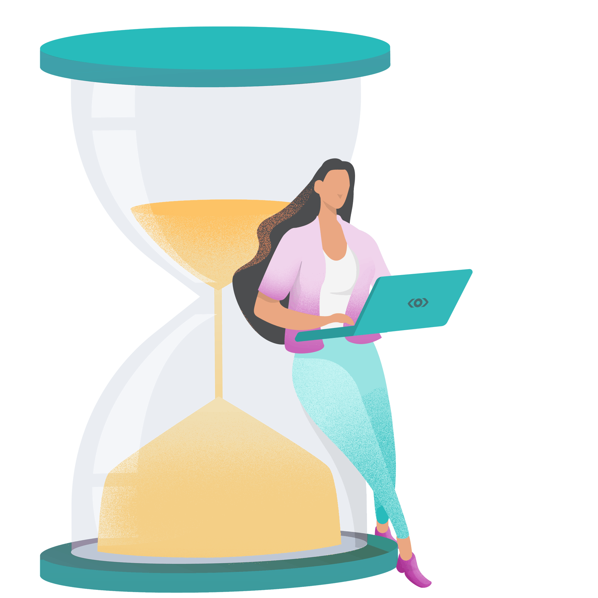 A woman leaning on a big hourglass with a laptop in her hand.