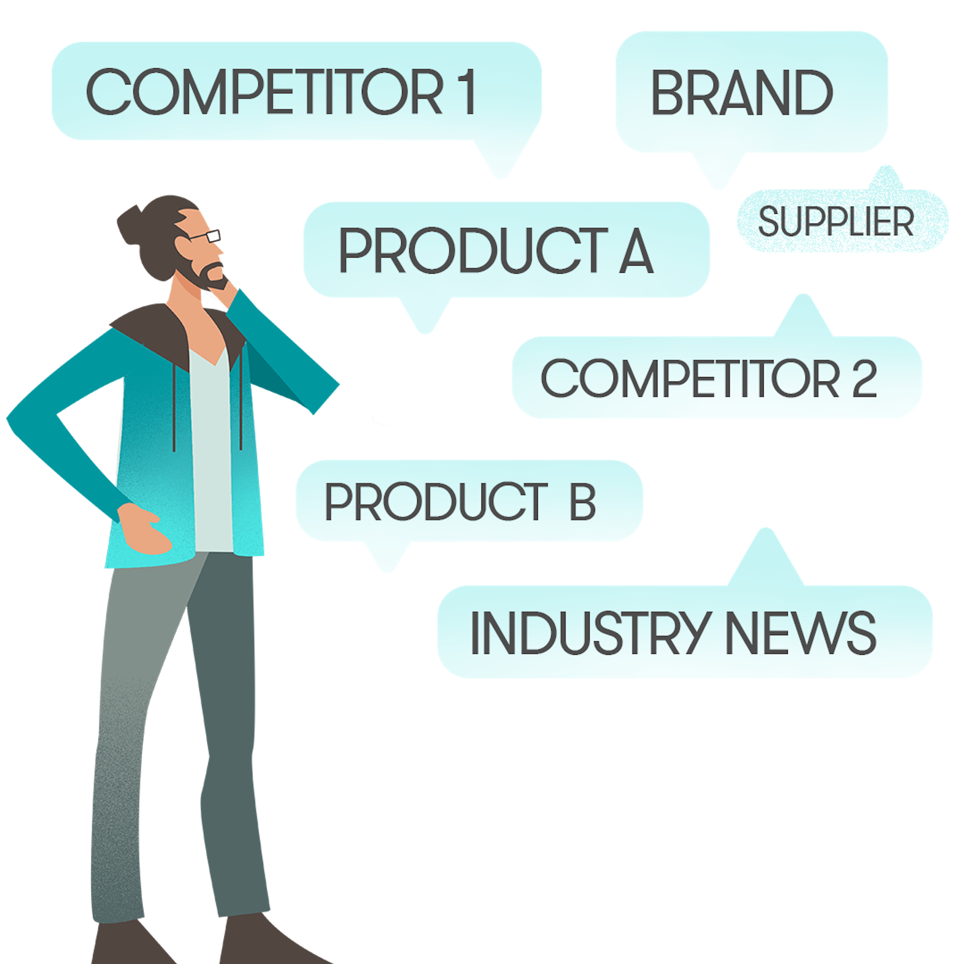 Graphic illustration of a man thinking about its brand, competitors and products