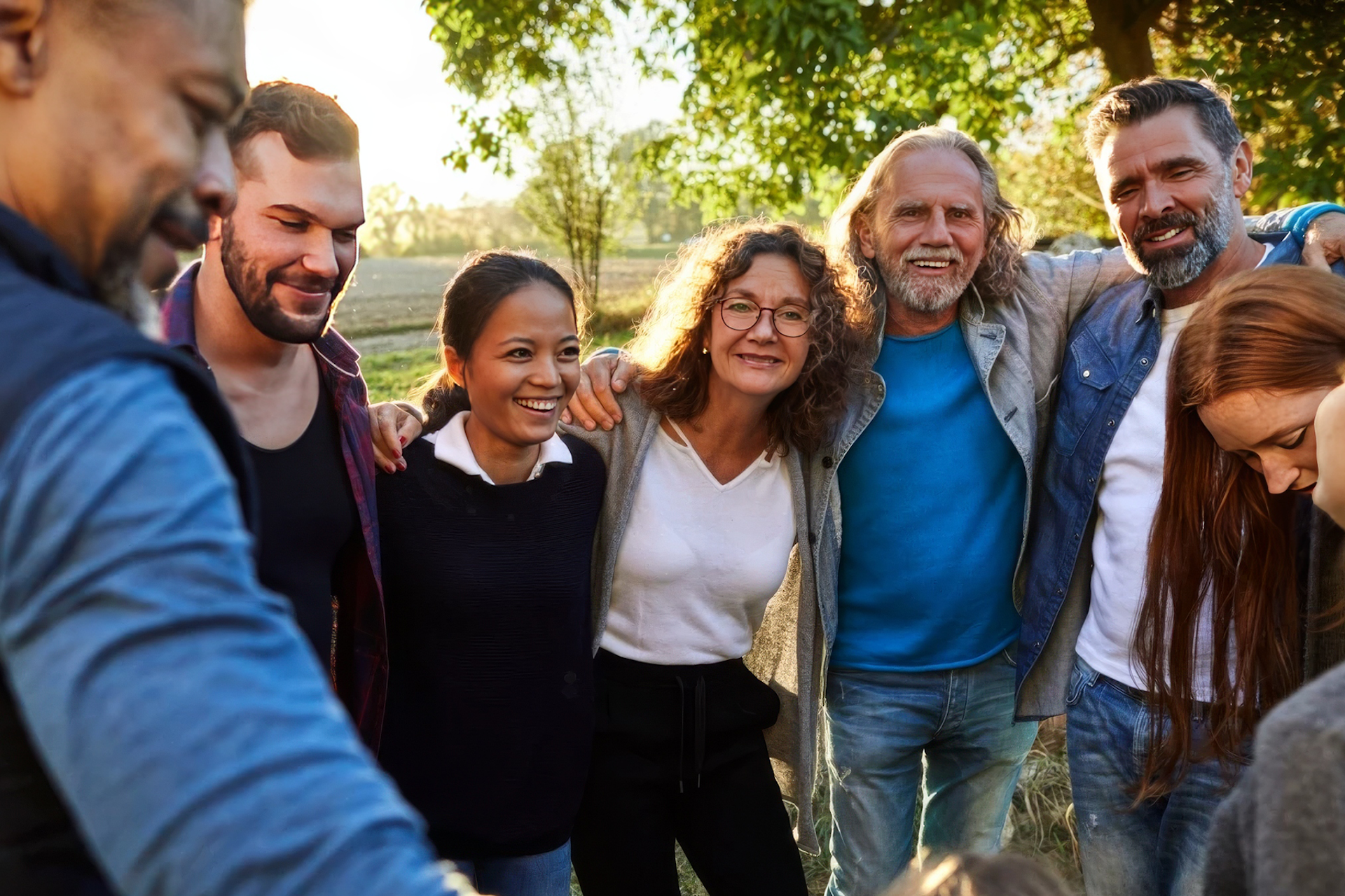 A group of seven people stand with their arms around each other in this image for a Meltwater customer story about the Cancer Support Community.