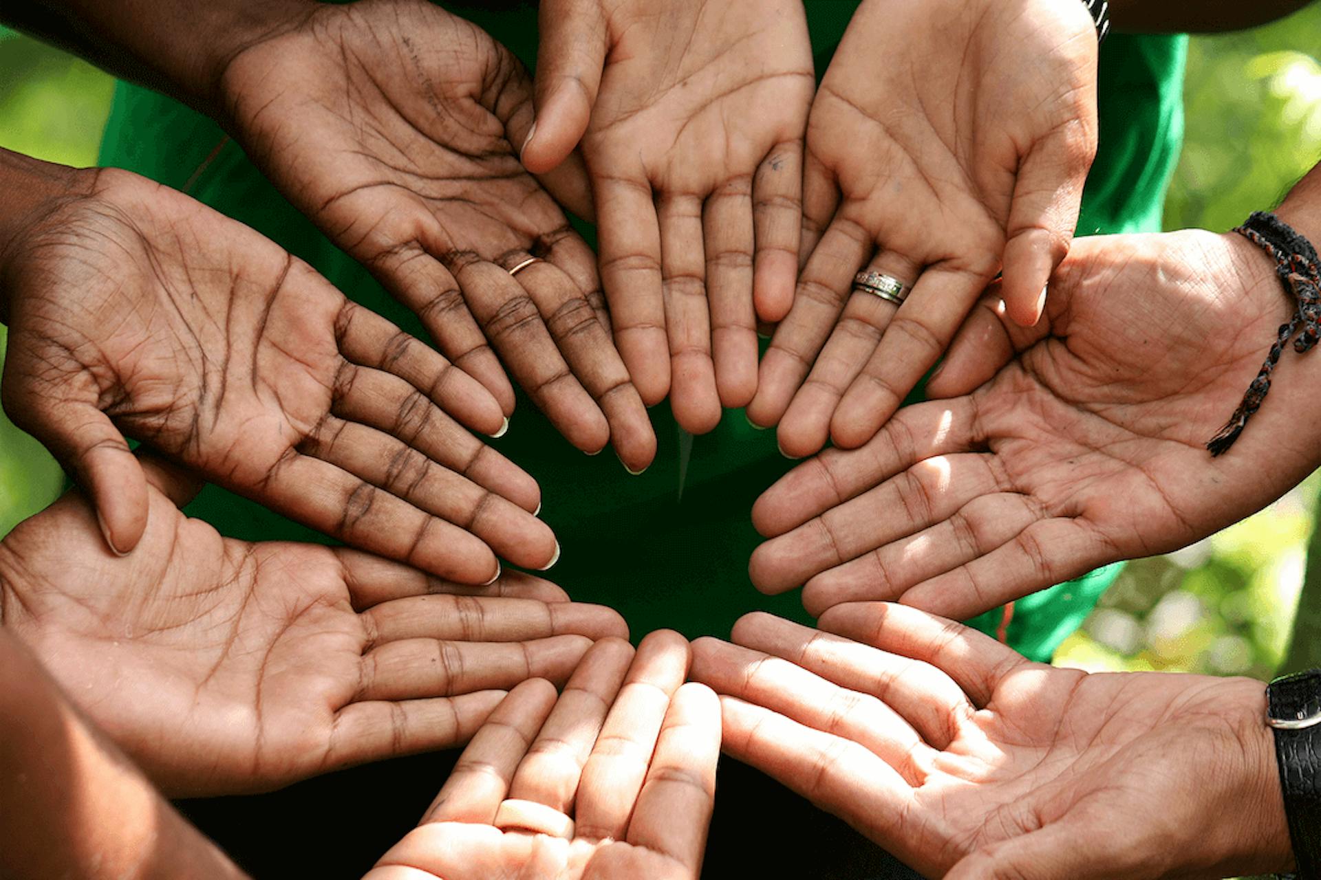 Man sieht ein Foto von acht Handinnenflächen, die einen Kreis bilden