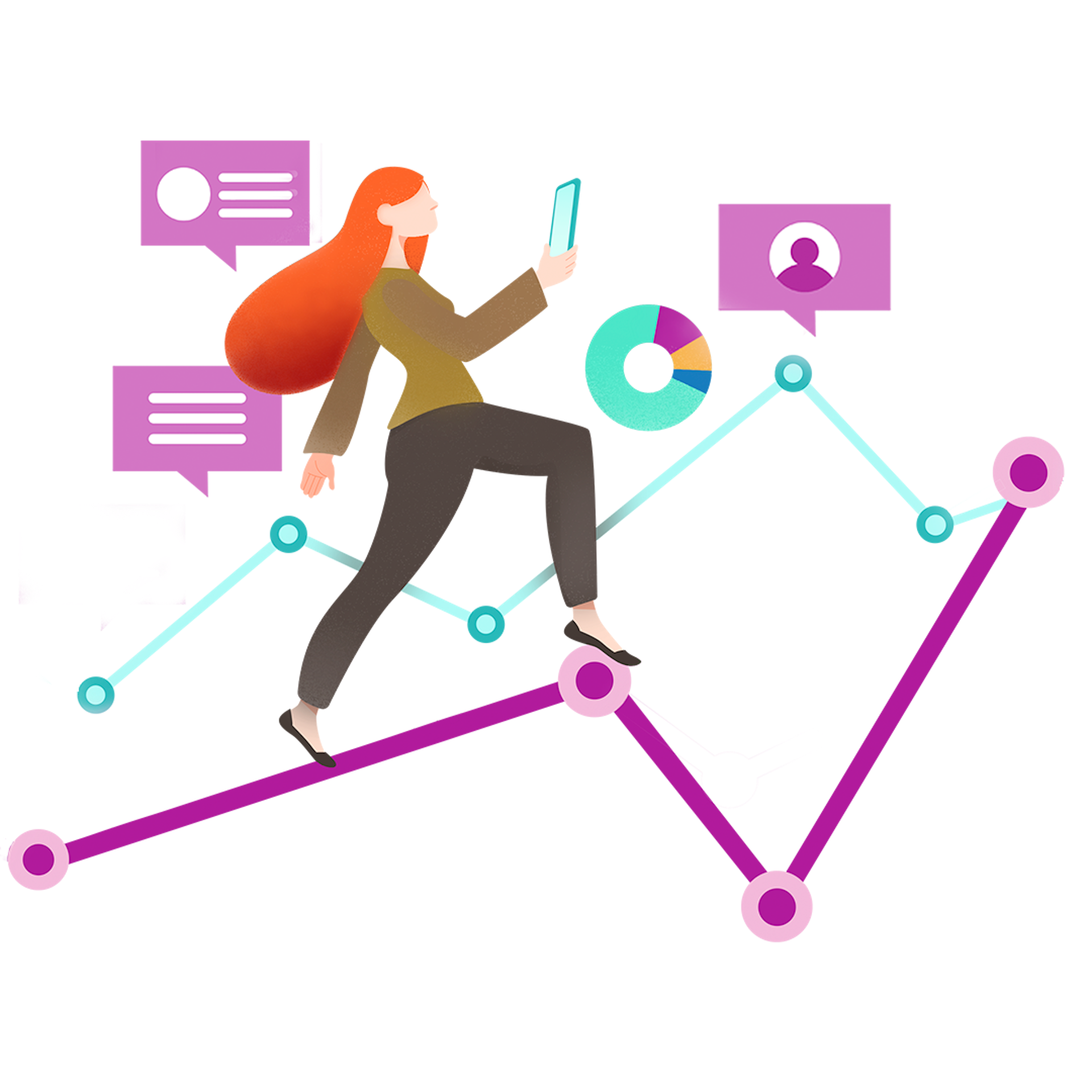 Meltwater illustration of a woman walking on reports with social media icons