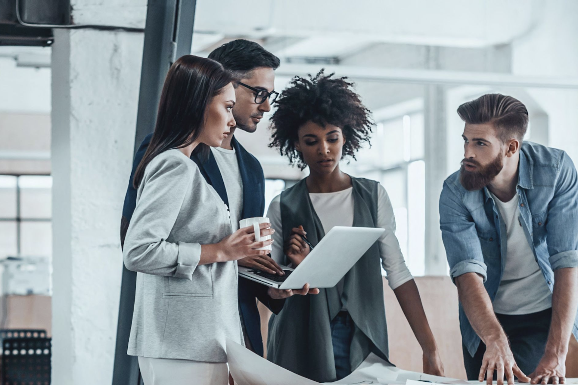 Photo of a team working together in the office