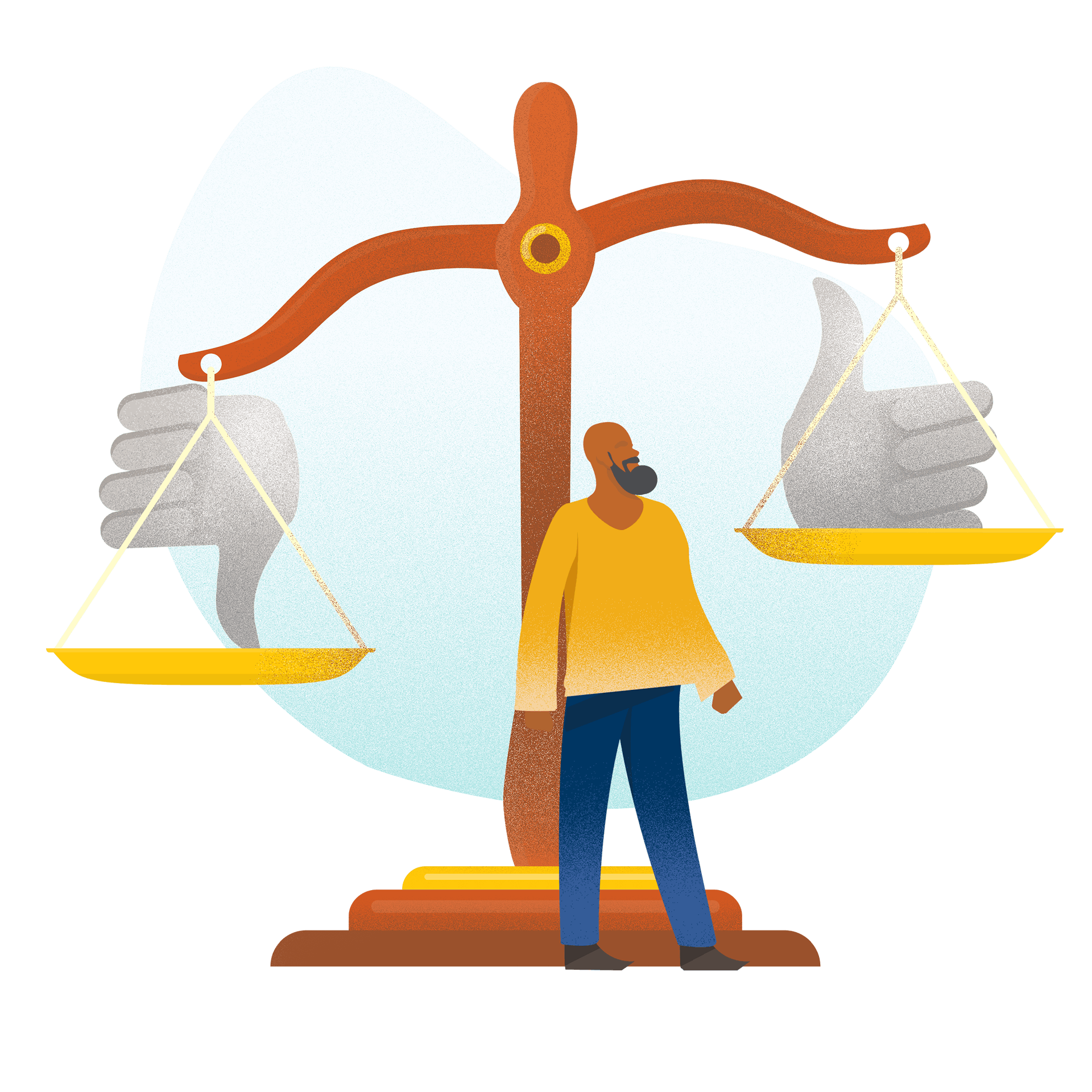An illustration of a man standing in front of libra scale