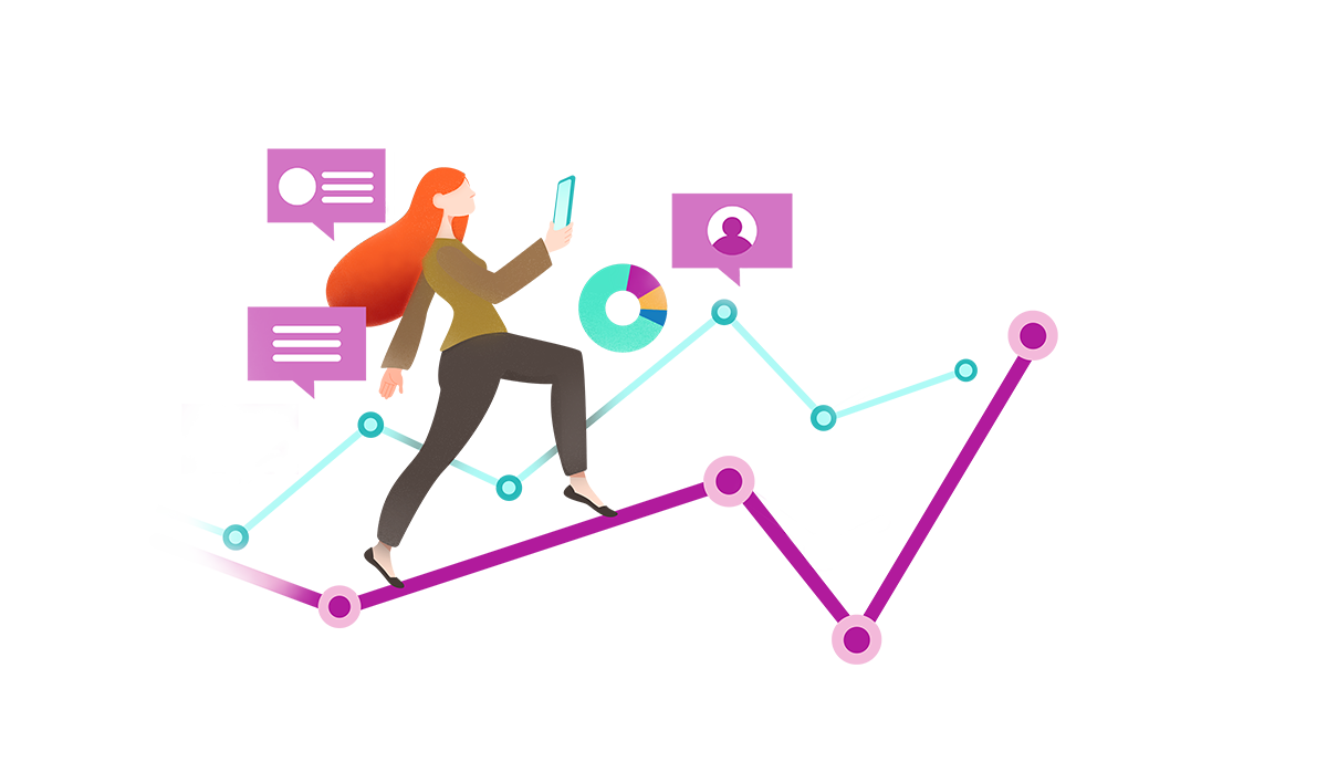 Graphic illustration of woman walking up a spike trend