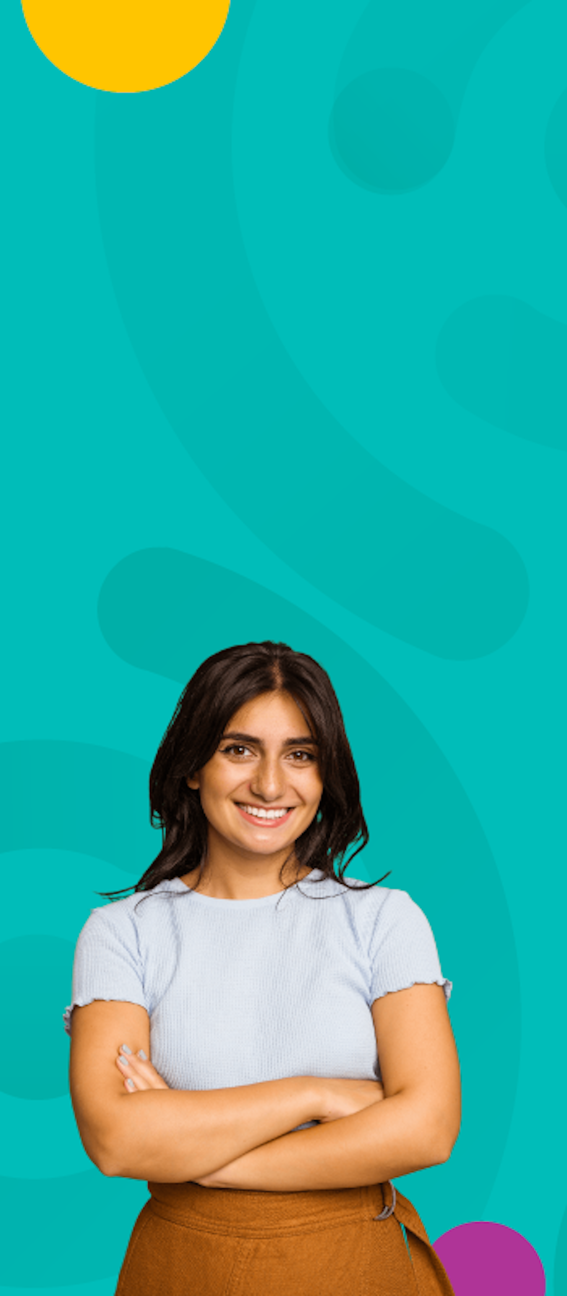 A young woman standing in front of a teal background