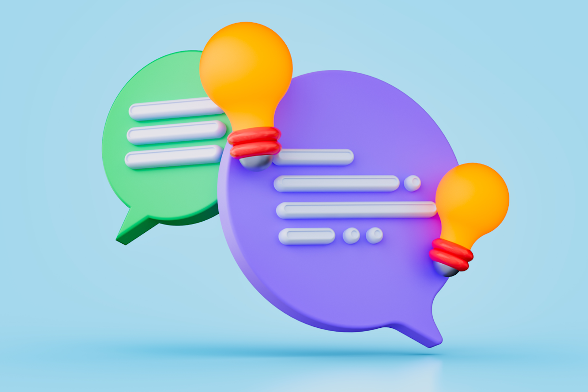 Two brightly colored speech bubbles, a smaller one in green and larger one in purple, with two bright orange light bulbs. Consumer insights ultimate guide.
