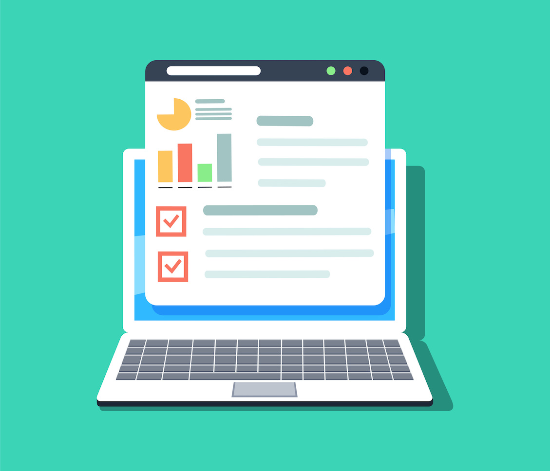 Man sieht einen türkisen Hintergrund, auf dem ein Laptop steht, aus dem ein Dashboard kommt. Das ist das Titelbild zu unserem Beitrag zu PR-Dashboards.