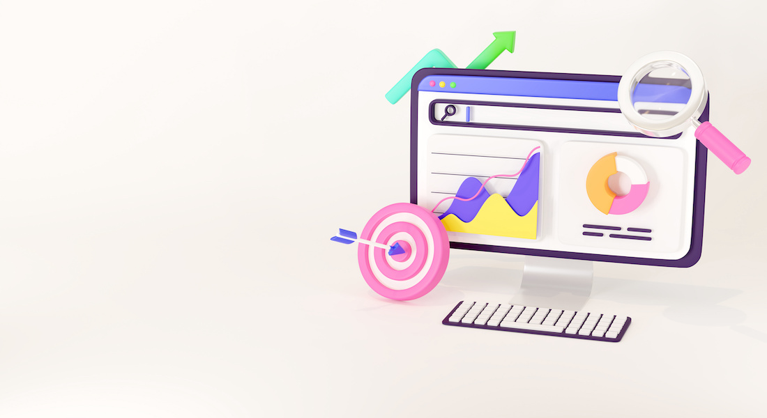 Beiger Hintergrund, Computerbildschirm, Zielscheibe, Lupe und Diagramme als Verbildlichung einer Medienresonanzanalyse