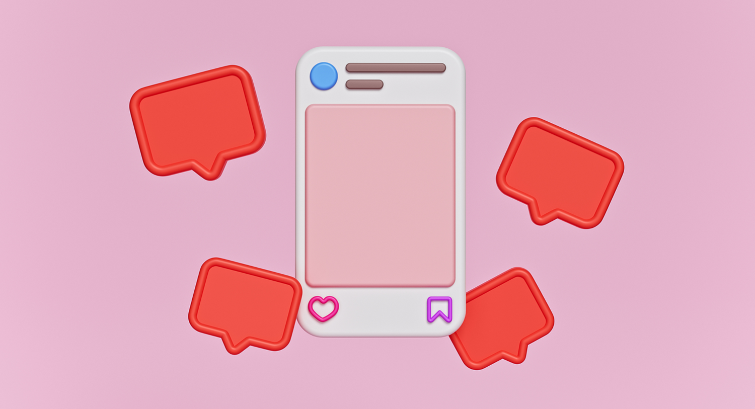 An image of a white smartphone against a pink background surrounded by red message boxes.
