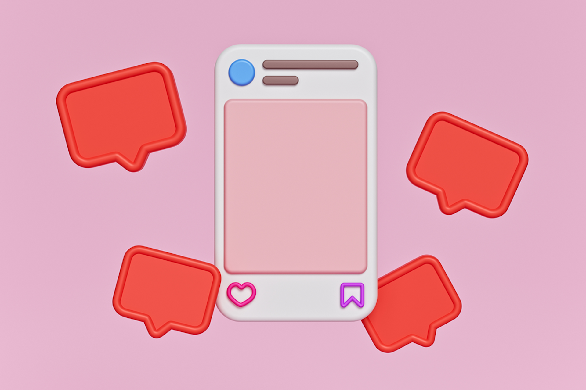 An image of a white smartphone against a pink background surrounded by red message boxes.