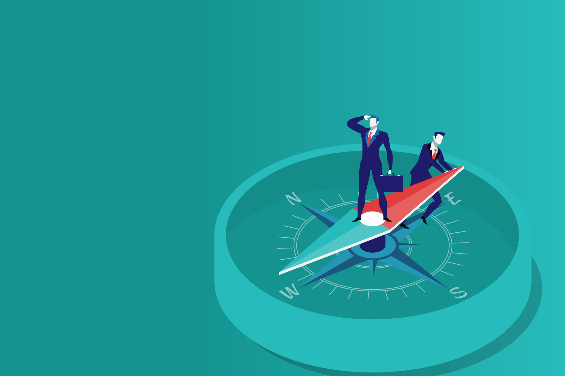 Man sieht eine gezeichnete Szene, in der ein Business Mann auf einer Kompassnadel steht, die ein anderer Geschäftsmann anschiebt. Das ist das Titelbild für unseren Beitrag zum Thema Marktbeobachtung