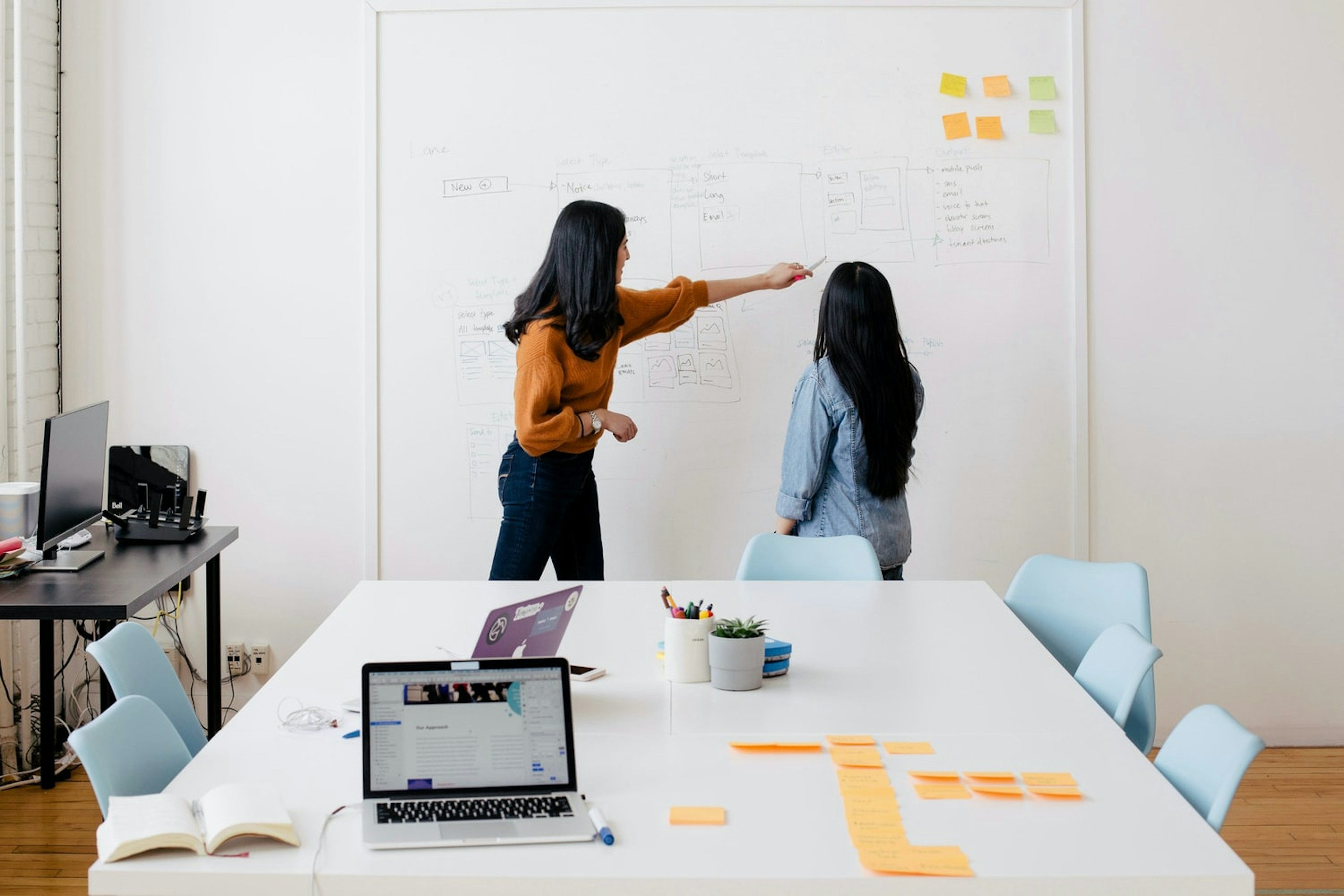 Image showing two women in an office looking at a whiteboard. How to Build Better Buyer Personas on Social Webinar.