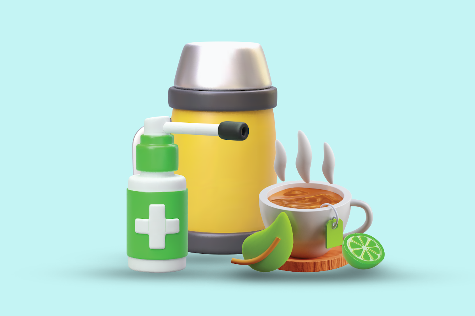Nasal spray, a thermos, and a cup of tea in an image for a Meltwater blog about top cold/flu recommendations online.