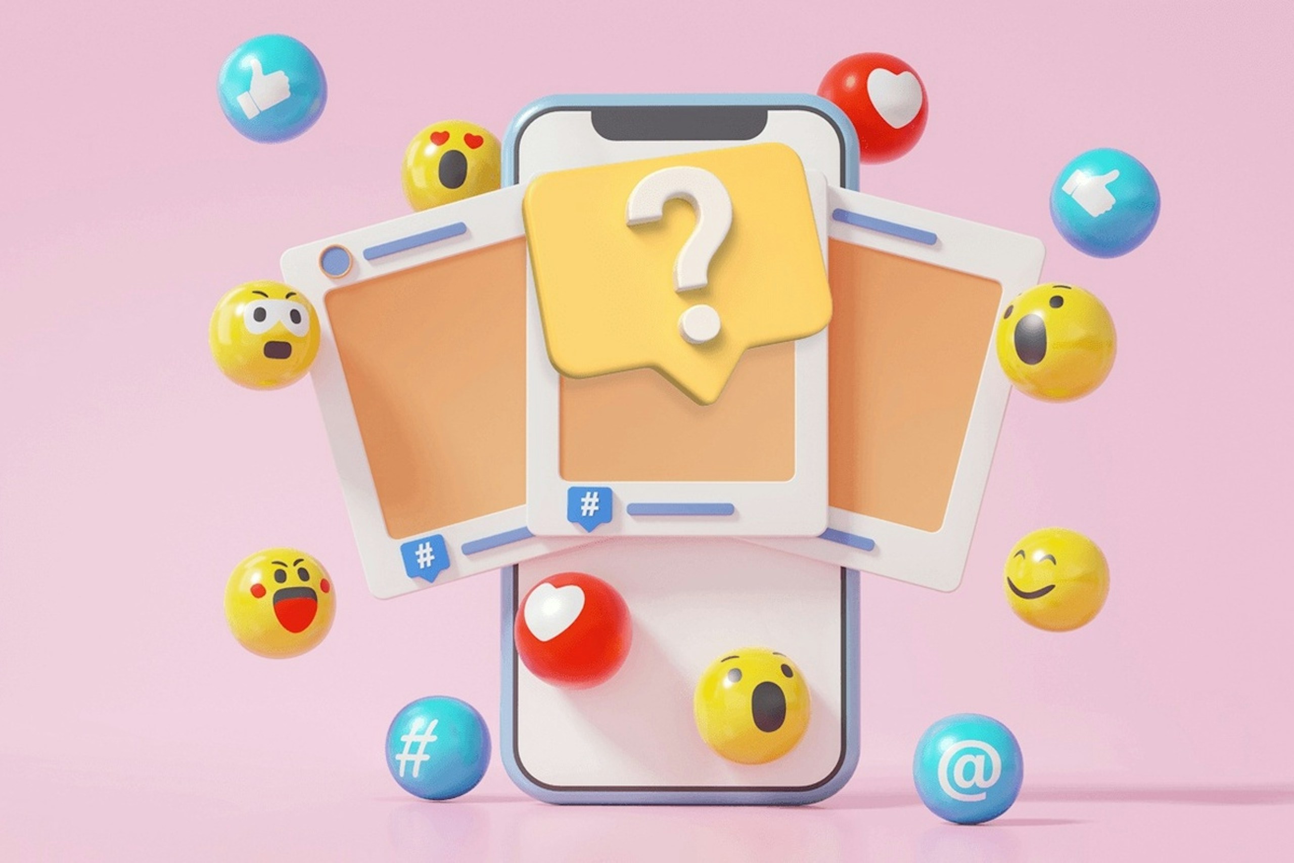 Illustration of a smartphone with social media content and iconography bursting out of it.
