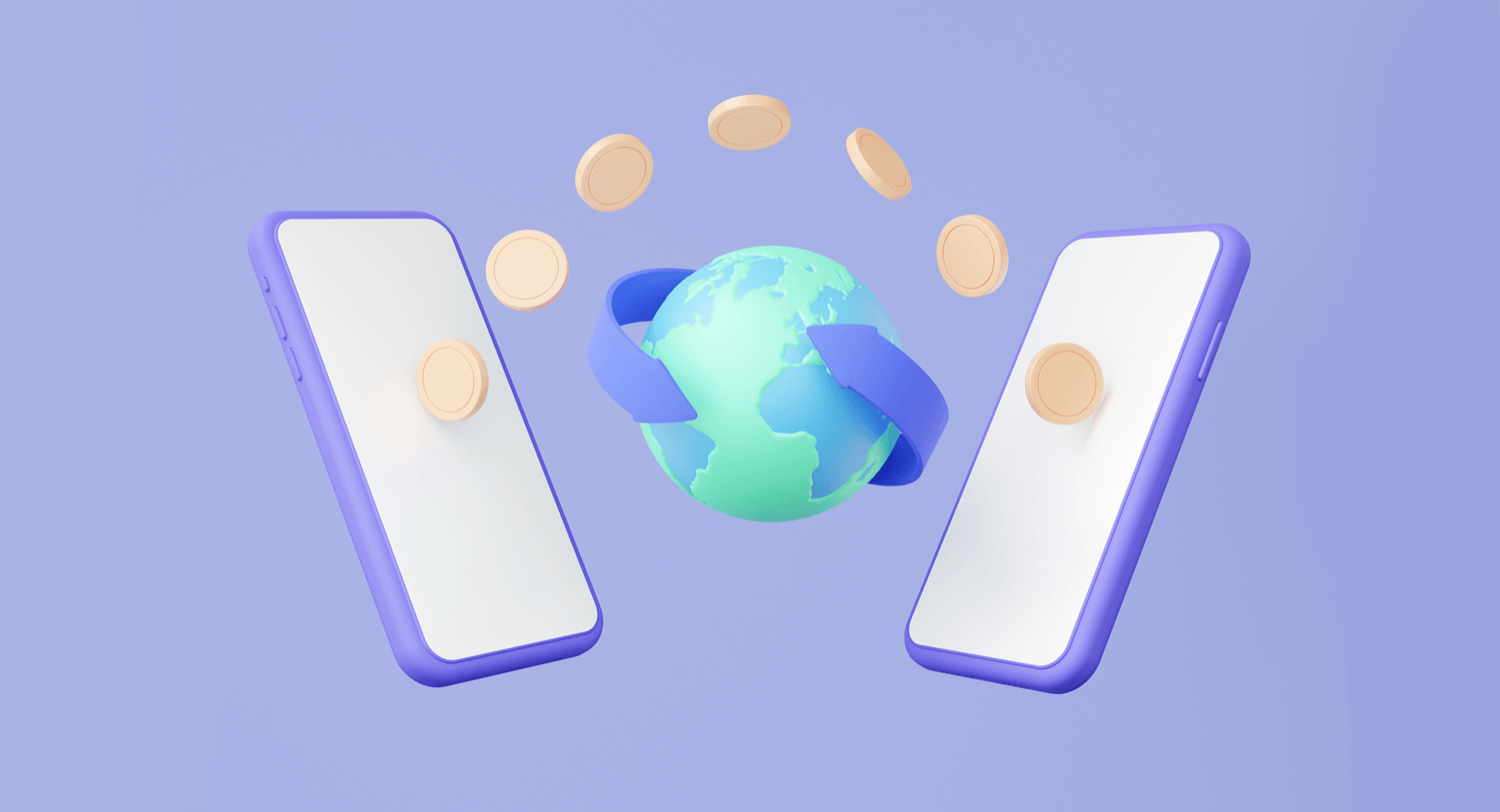 The Earth and coins hover between two smartphones in this image for a social and media intelligence blog about the global finance conversation in 2023 so far.