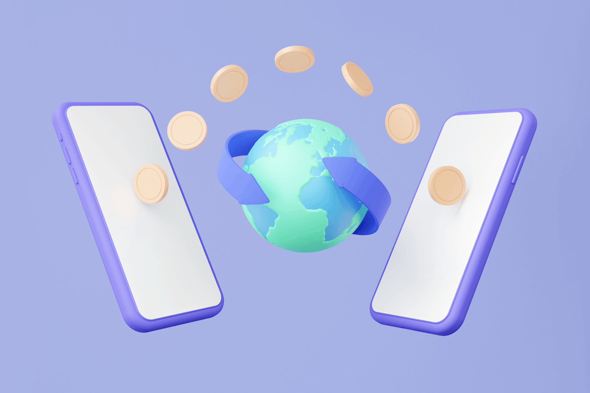The Earth and coins hover between two smartphones in this image for a social and media intelligence blog about the global finance conversation in 2023 so far.
