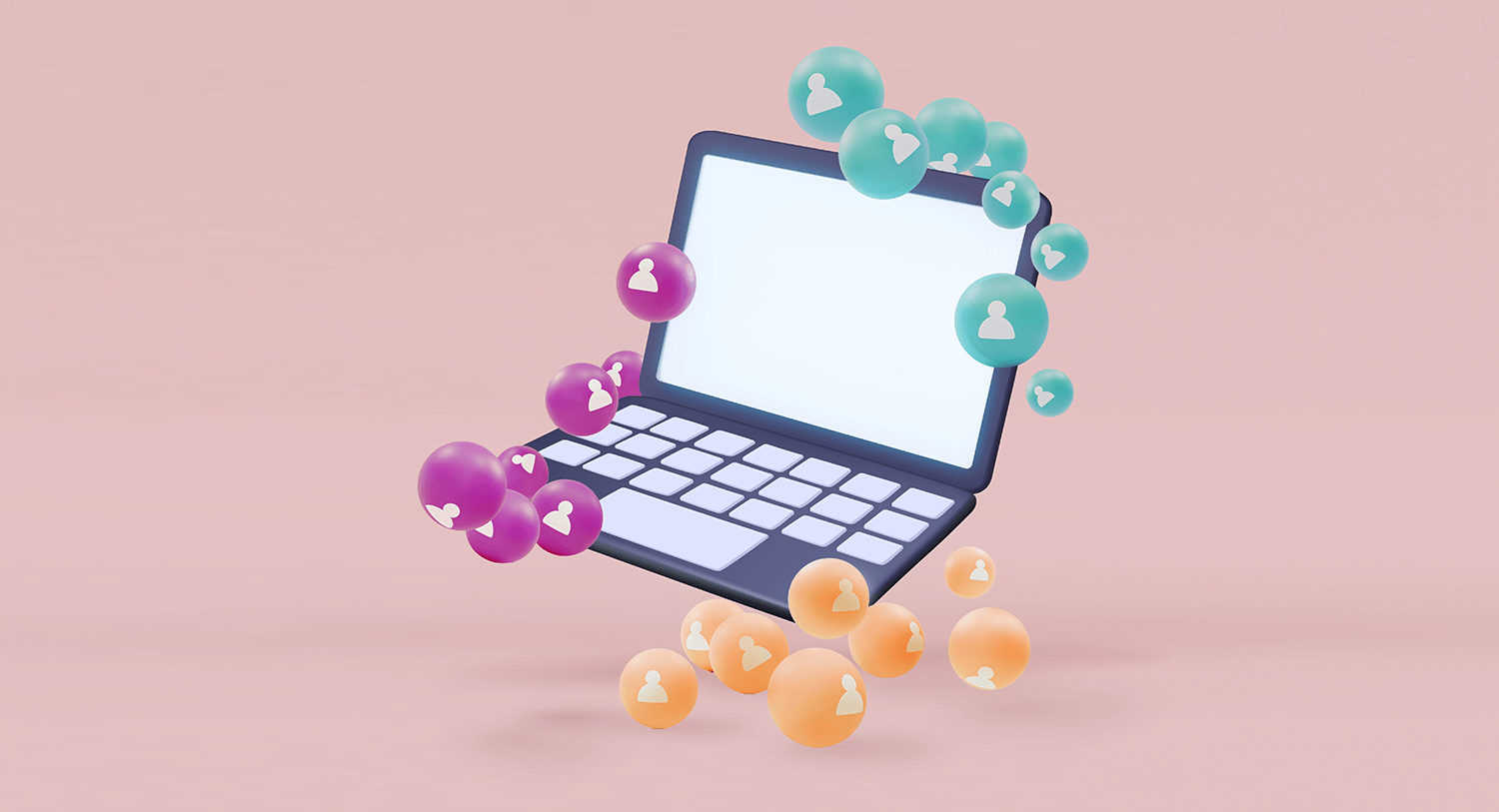 An illustration of persona icons grouped around a laptop, representing audience segmentation tools.