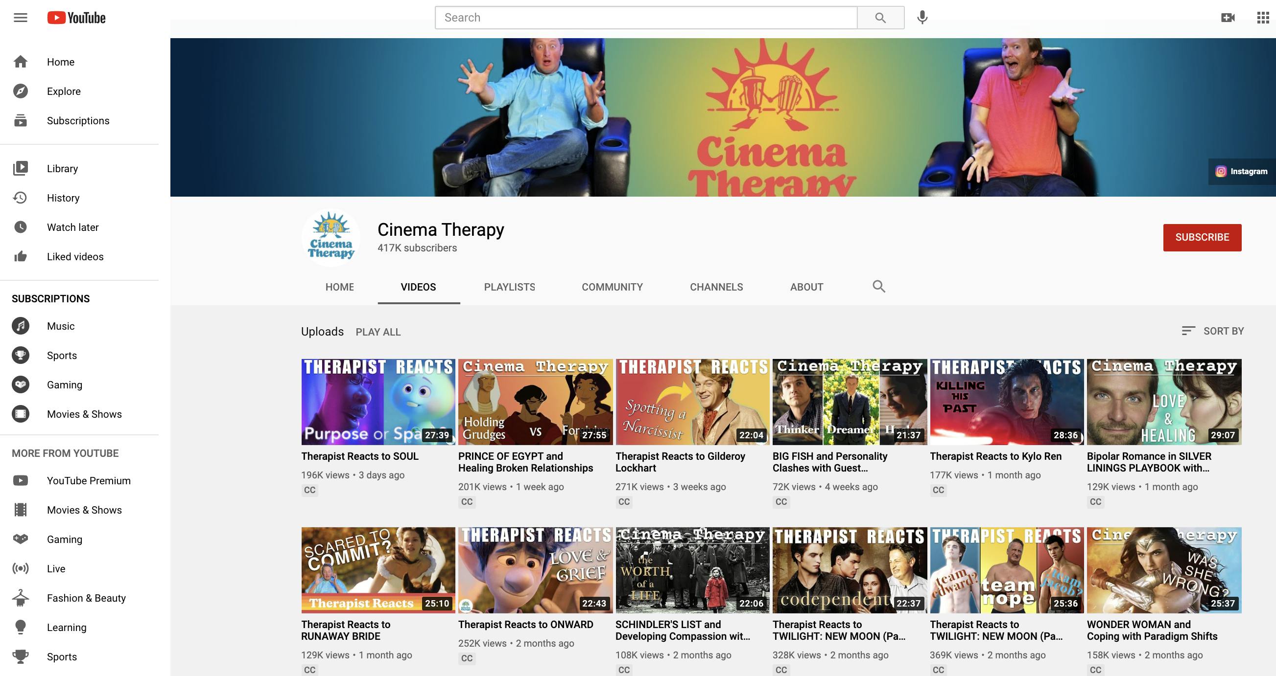 Full list of videos on Cinema Therapy YouTube channel showcasing different styles of thumbnails