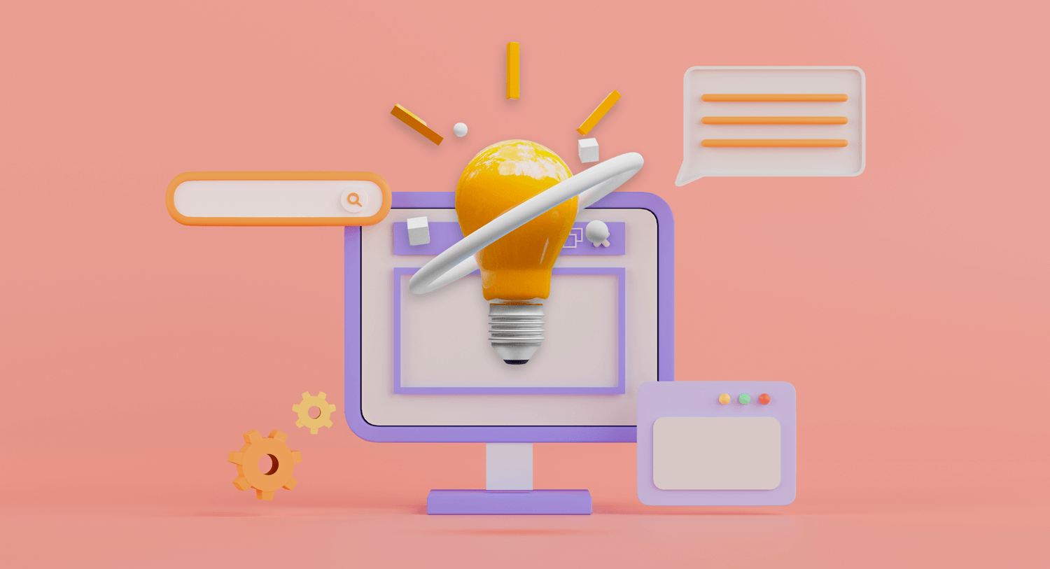 Illustration showing a large yellow light bulb in the center of the image, in front of a desktop computer with floating messaging and search symbols. Top Customer Intelligence tools blog post. 