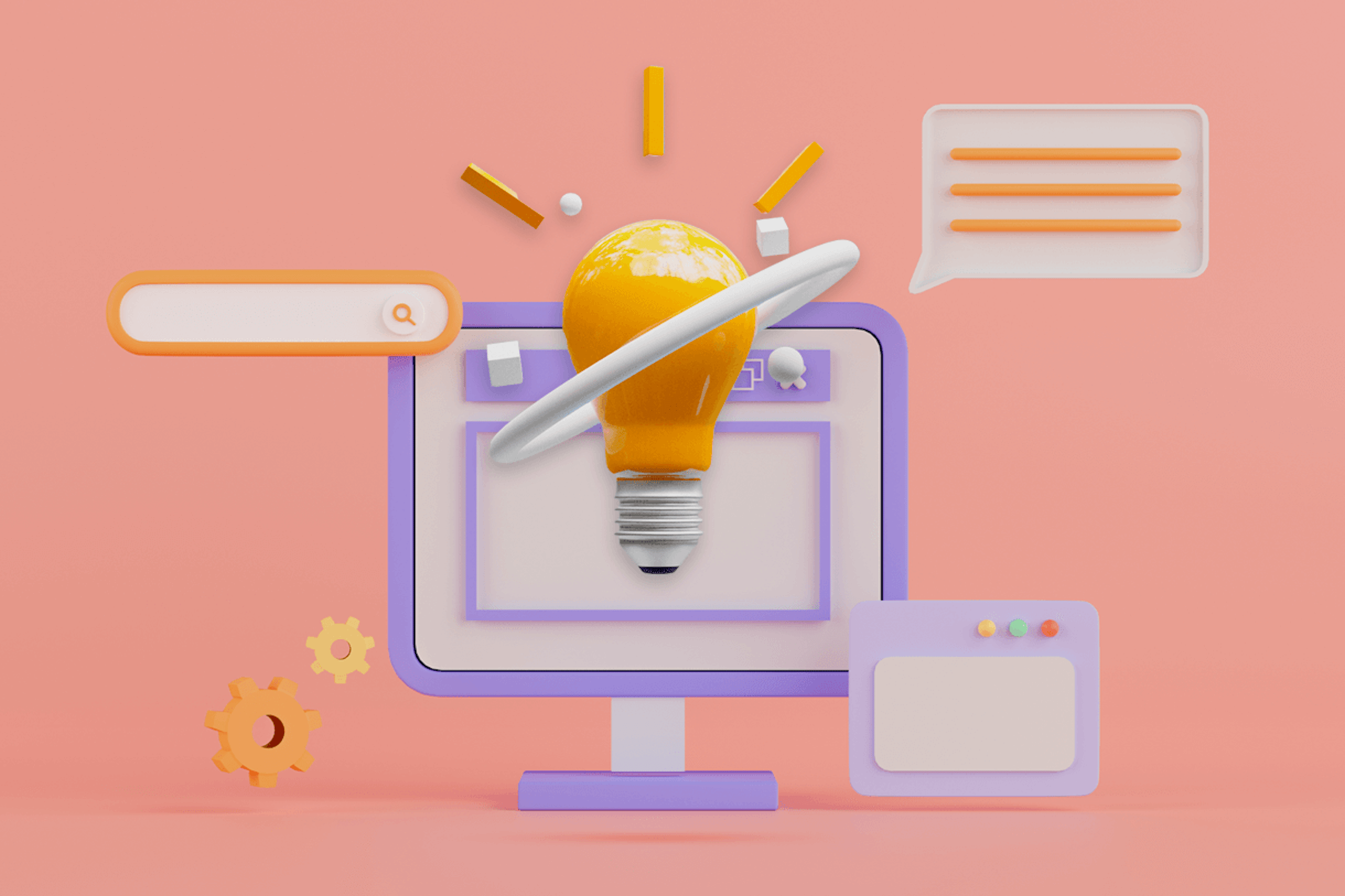 Illustration showing a large yellow light bulb in the center of the image, in front of a desktop computer with floating messaging and search symbols. Top Customer Intelligence tools blog post.