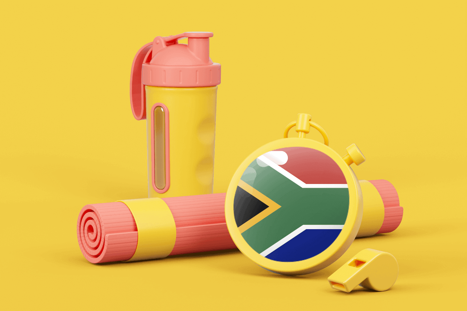 3d Illustration of fitness equipment and the South African flag to display the list of top South African fitness influencers