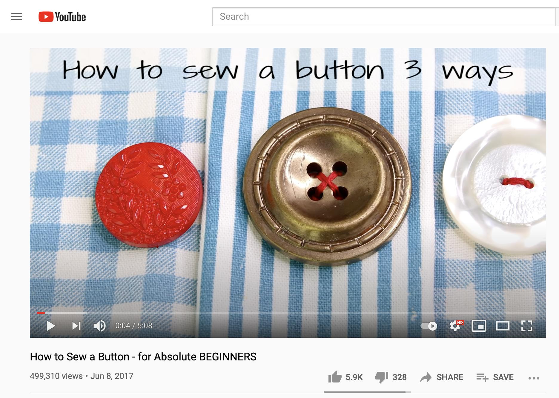 Screenshot of YouTube video about how to sew a button