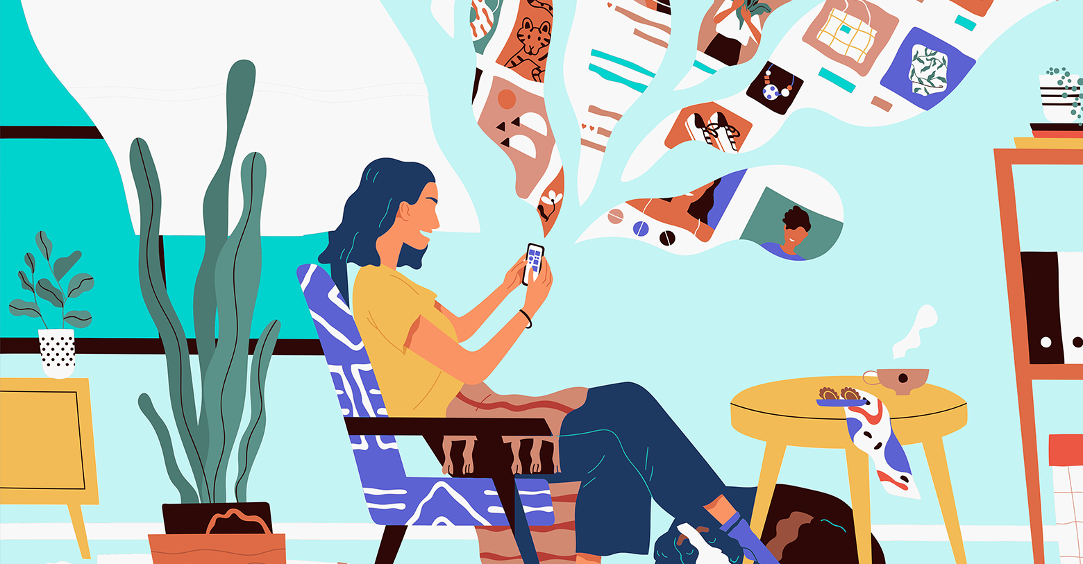 Comic image of a person sitting on her chair scrolling through her phone