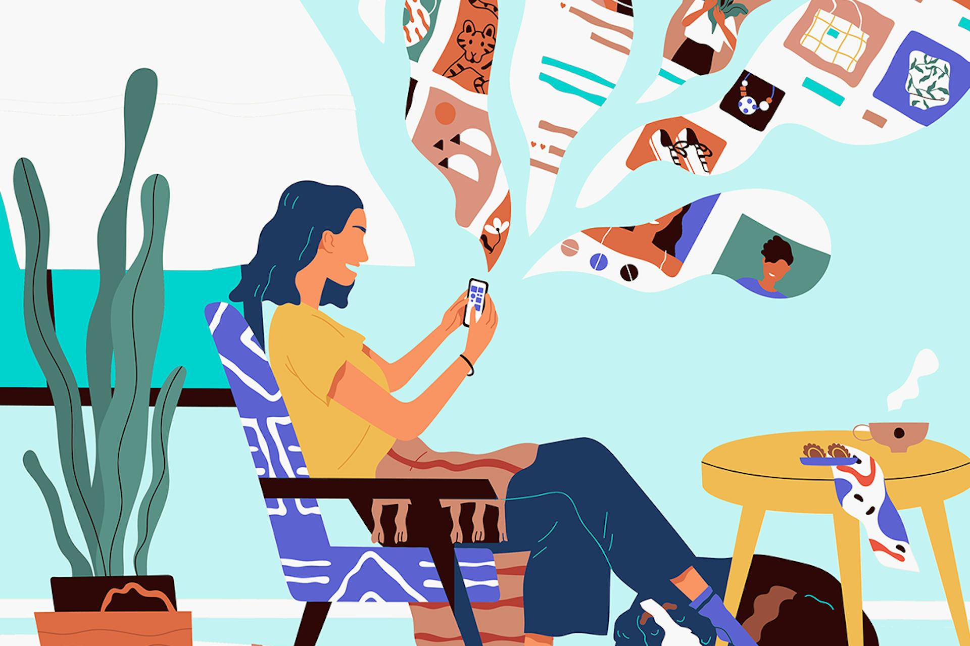Comic image of a person sitting on her chair scrolling through her phone