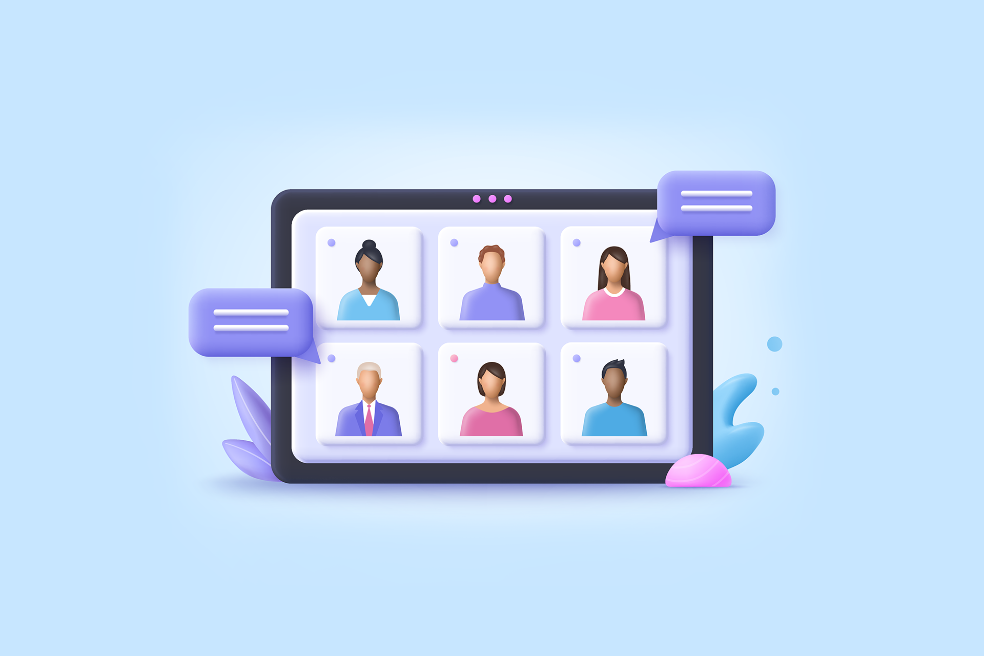 A screen showing six people, and two speech bubbles, in a video conference.