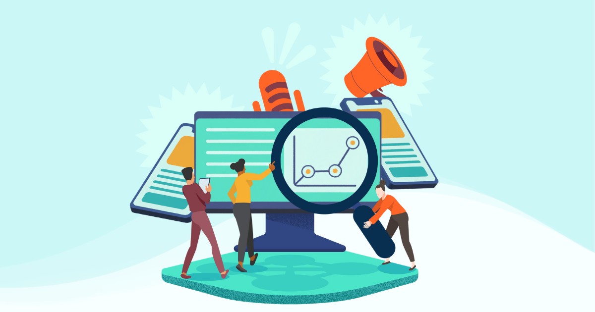 Un groupe de professionnels en RP se serre autour d'un écran en utilisant la plateforme de media monitoring de Meltwater pour suivre les résultats d'une campagne de RP.