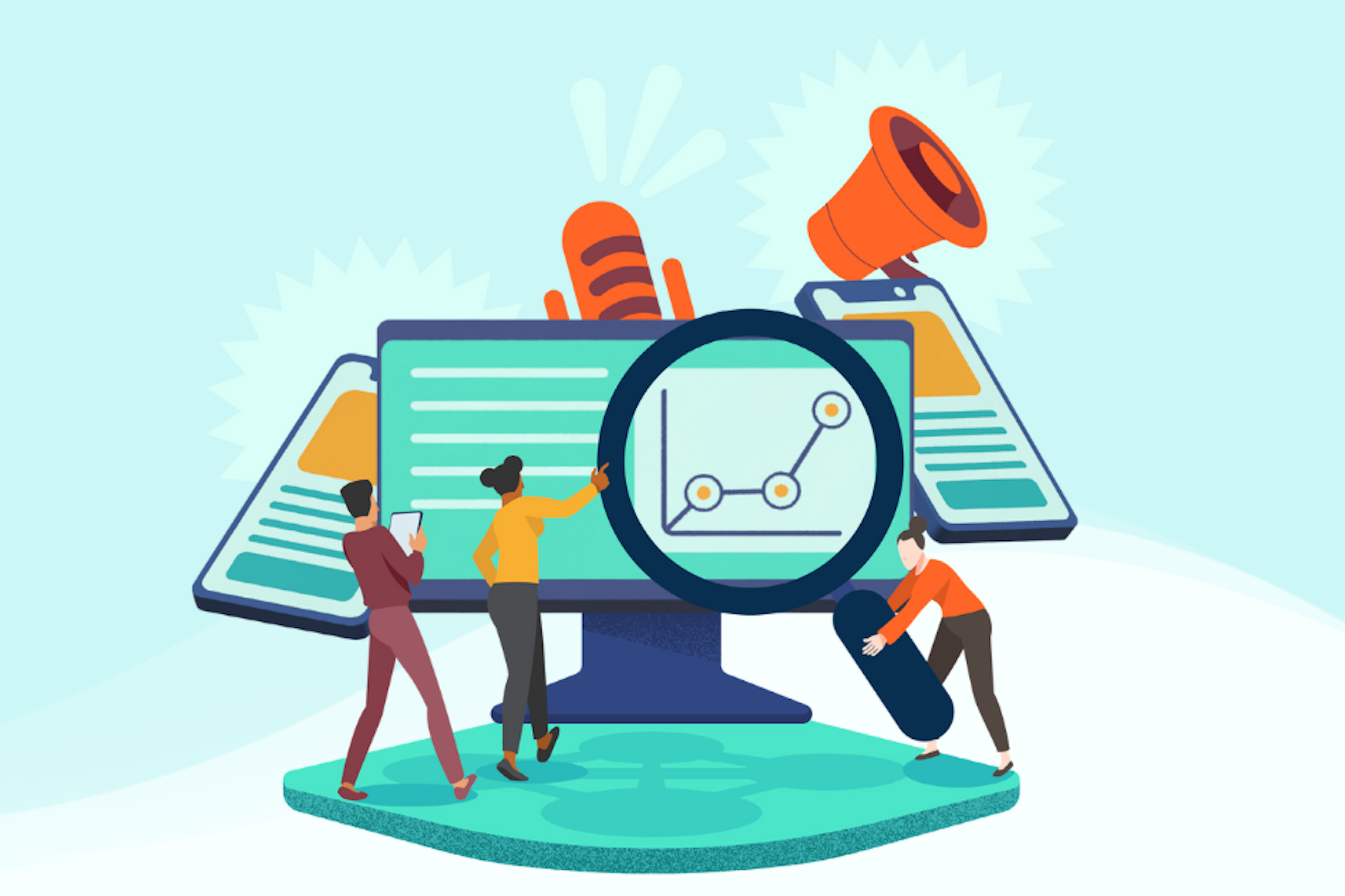 Un groupe de professionnels en RP se serre autour d'un écran en utilisant la plateforme de media monitoring de Meltwater pour suivre les résultats d'une campagne de RP.