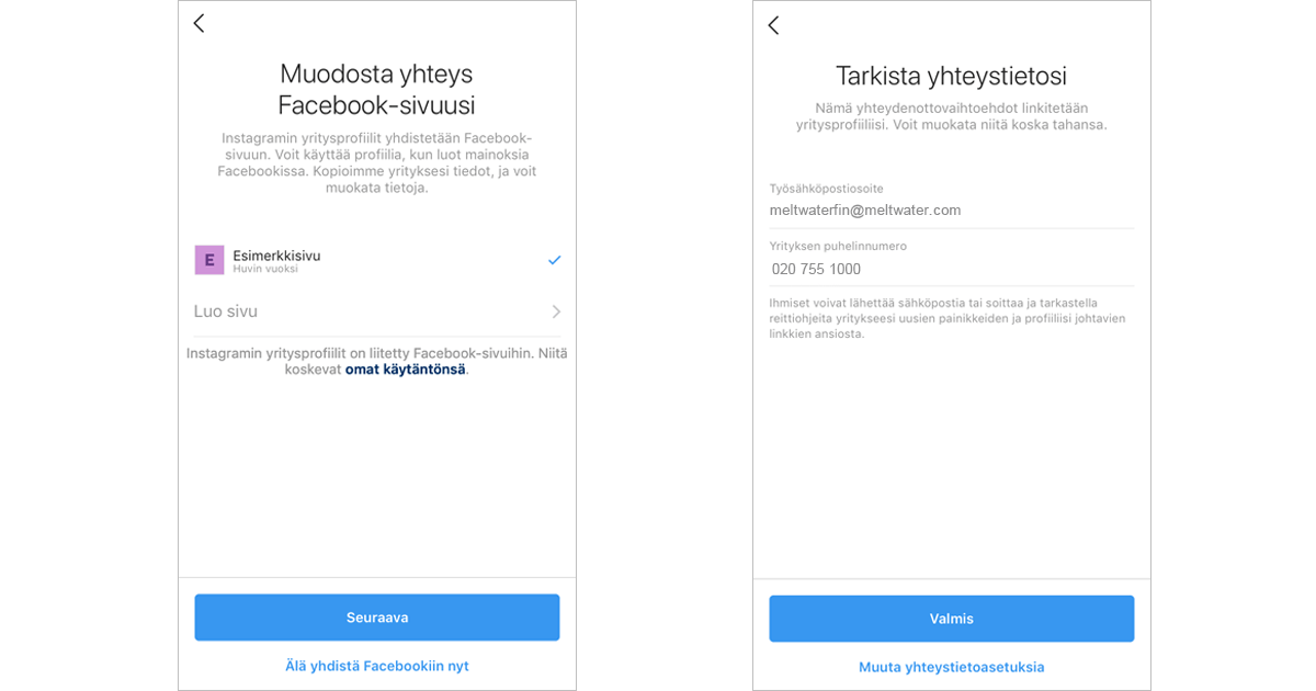 Yhdistä Facebook-sivu Instagram-tilisi kanssa saadaksesi yritysprofiilin hyödyt käyttöön.