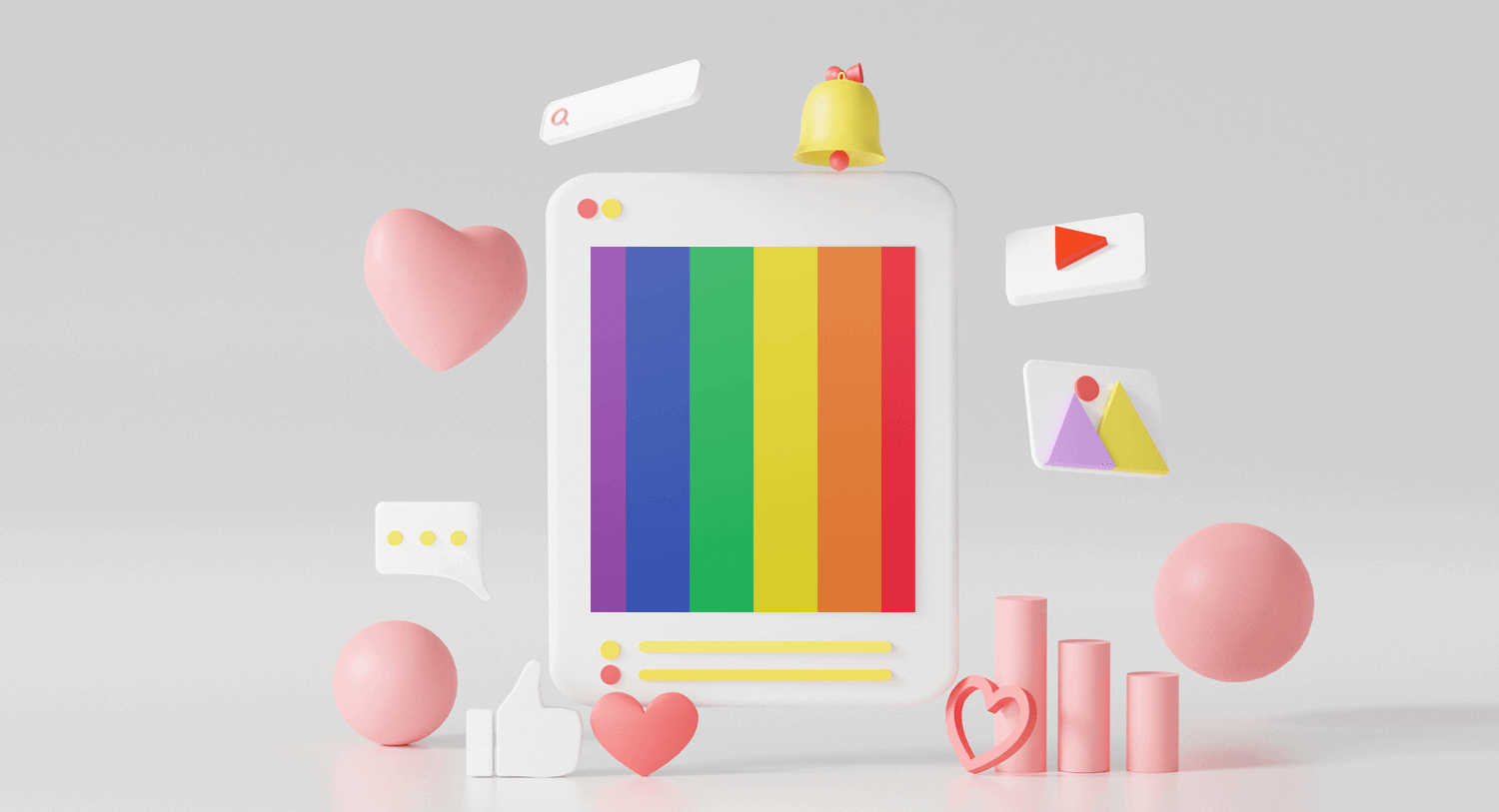 Surrounded by pink hearts and spheres, a rainbow appears on a tablet screen for a blog about LGBTQ+ representation in marketing and advertising.