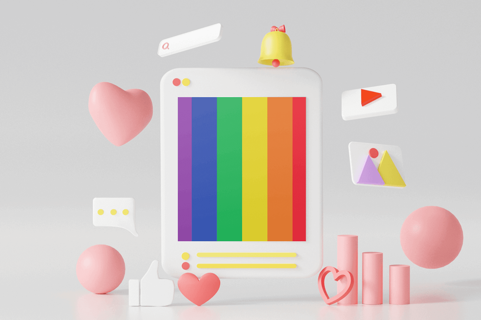 Surrounded by pink hearts and spheres, a rainbow appears on a tablet screen for a blog about LGBTQ+ representation in marketing and advertising.