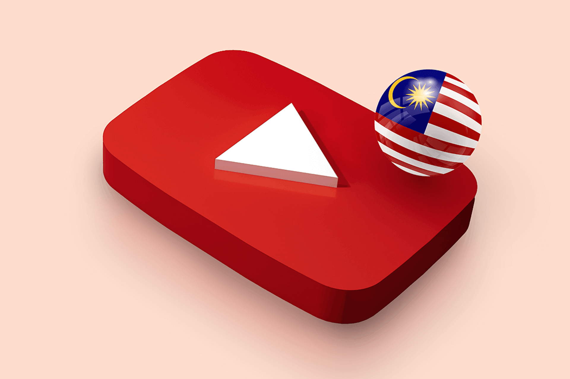 3D illustration of the YouTube logo next to the Malaysian flag for our blog with the top Malaysian YouTubers