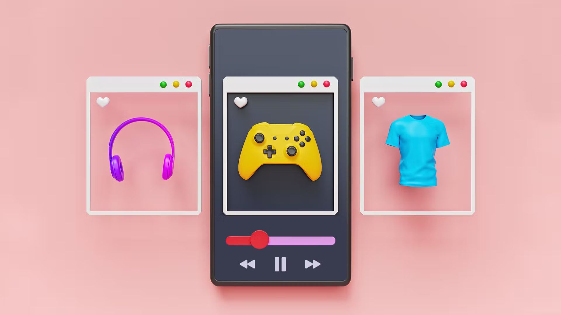 Smartphone noir sur fond rose avec un carrousel de produits qui défile