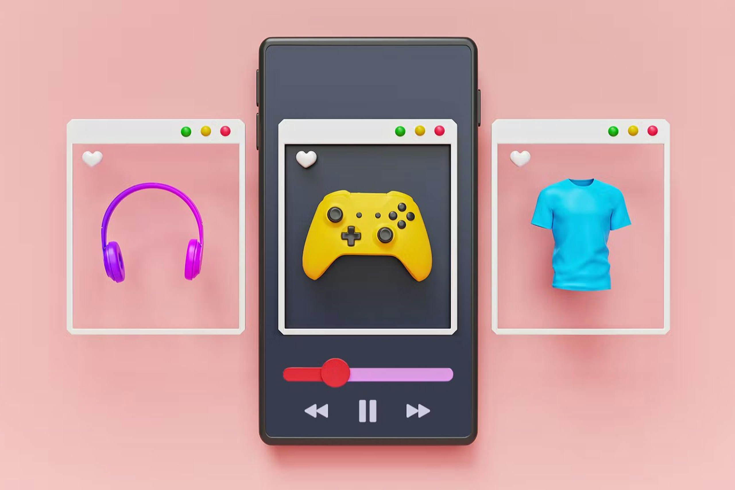 Smartphone noir sur fond rose avec un carrousel de produits qui défile