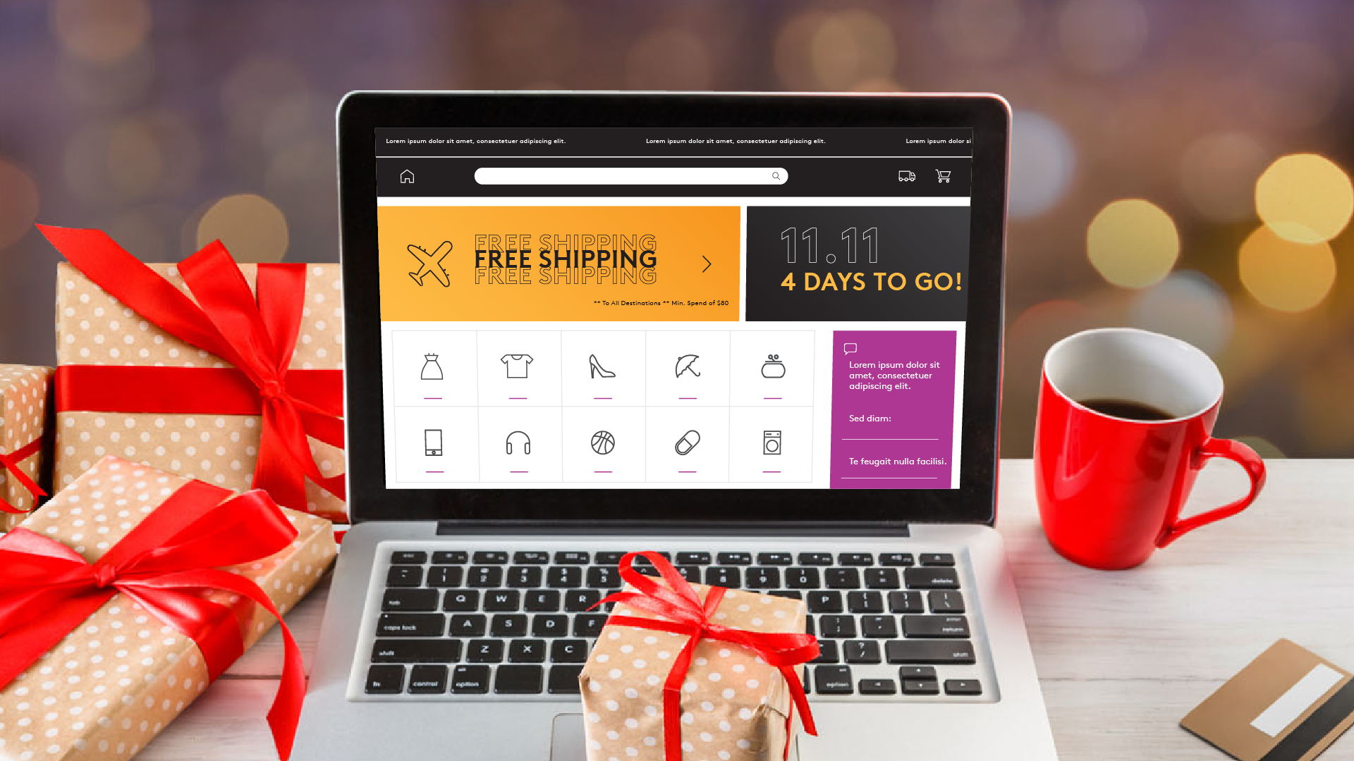 A laptop screen displaying an eCommerce site with advertisements for the 11:11 sale