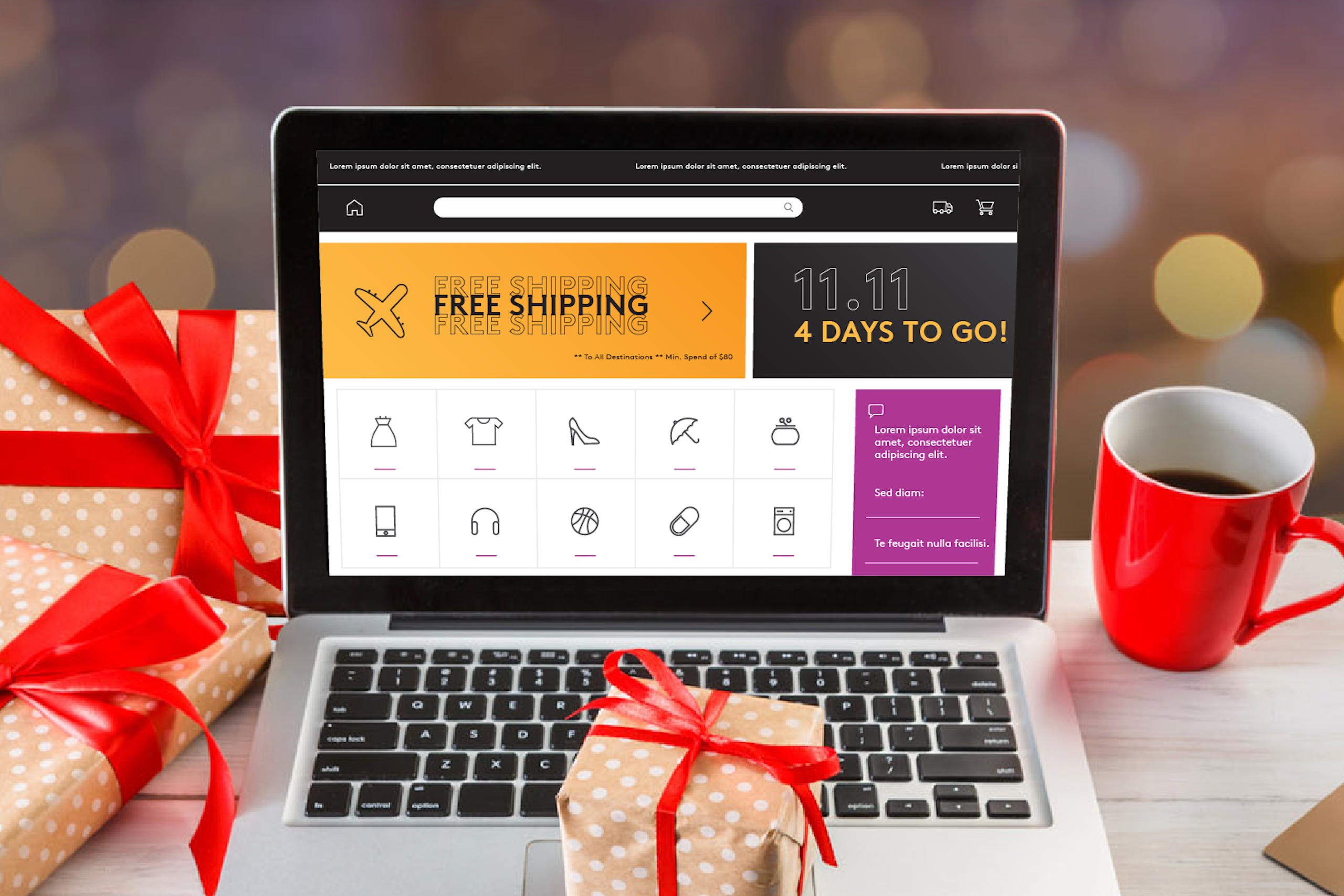 A laptop screen displaying an eCommerce site with advertisements for the 11:11 sale