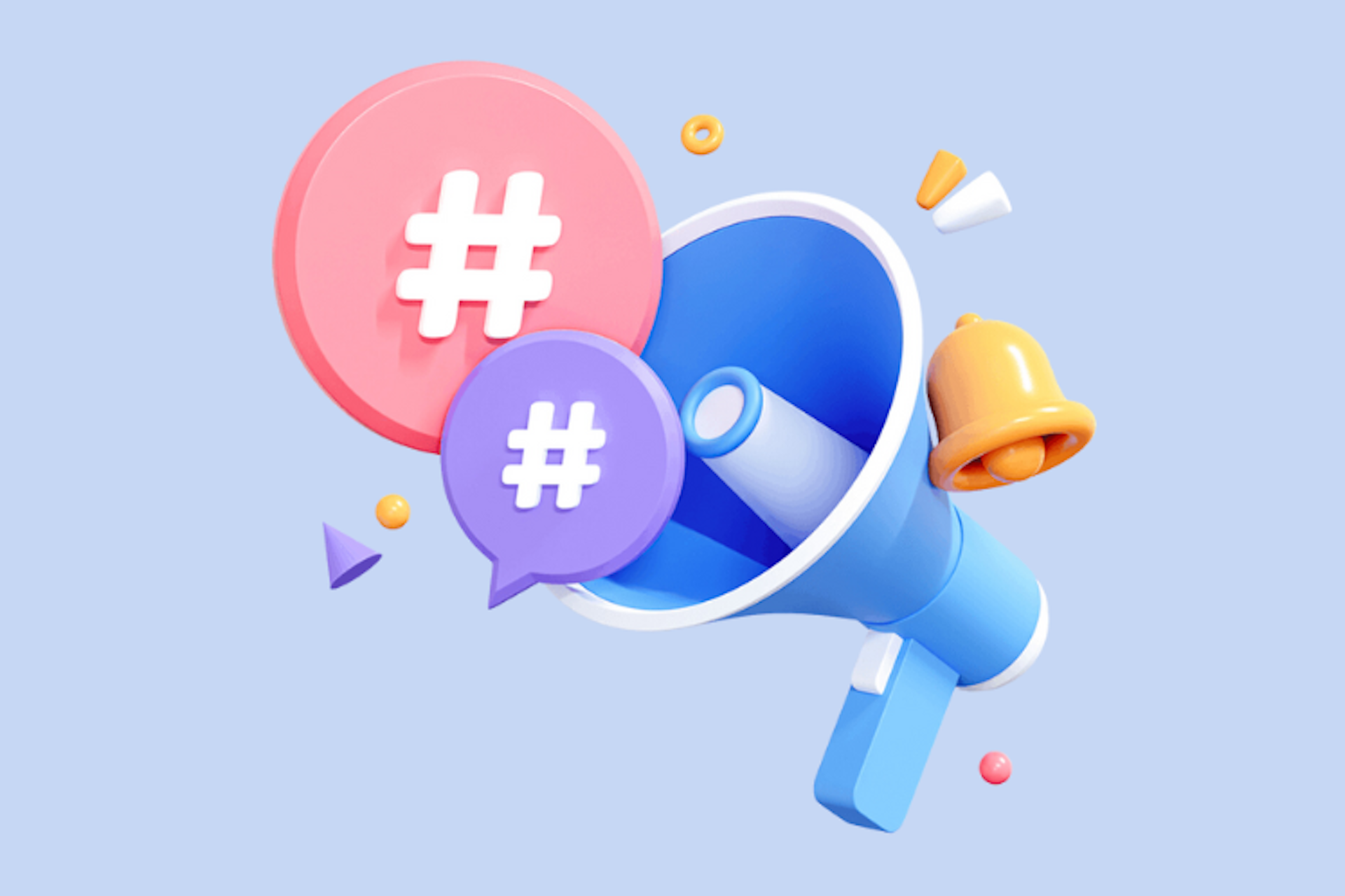 Ein blaues Megafon mit buten Icons umgeben. In zwei von diesen sind Hashtag Symbole zu sehen, außerdem sieht ma eine gelbe Glocke.