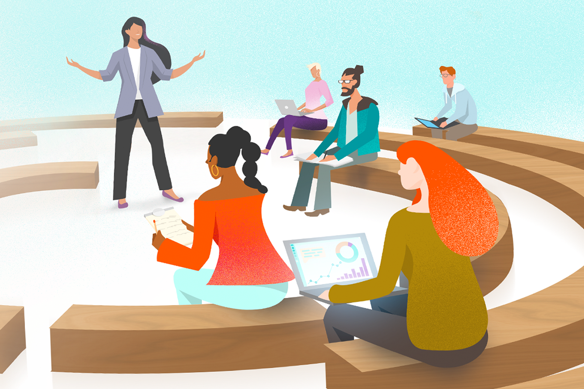 Dessin d'un groupe de personnes assis dans une salle de classe en cercle 