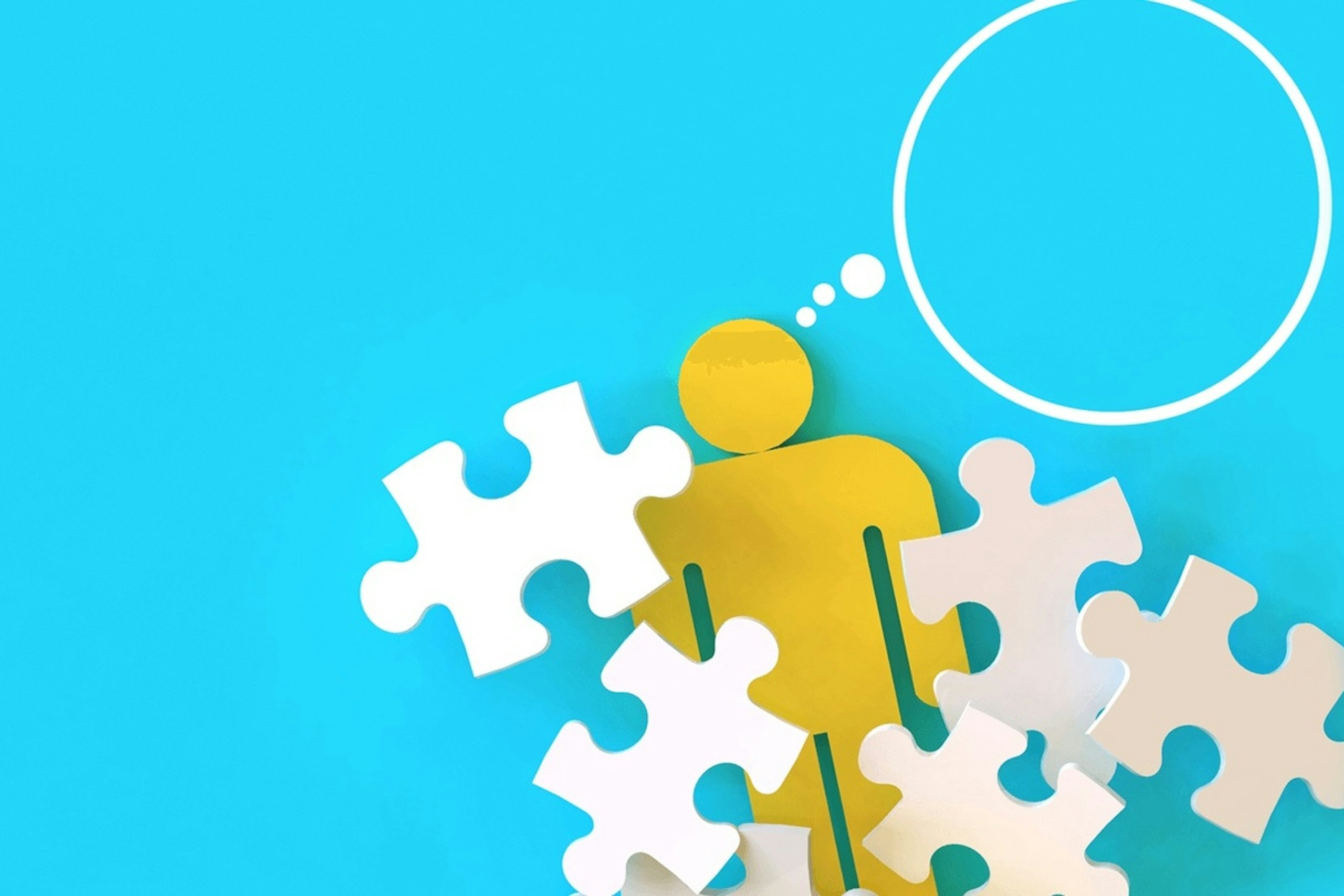 Eine abstrakte Illustration eines Mannes, der über etwas nachdenkt, während er von leeren Puzzleteilen umgeben ist.
