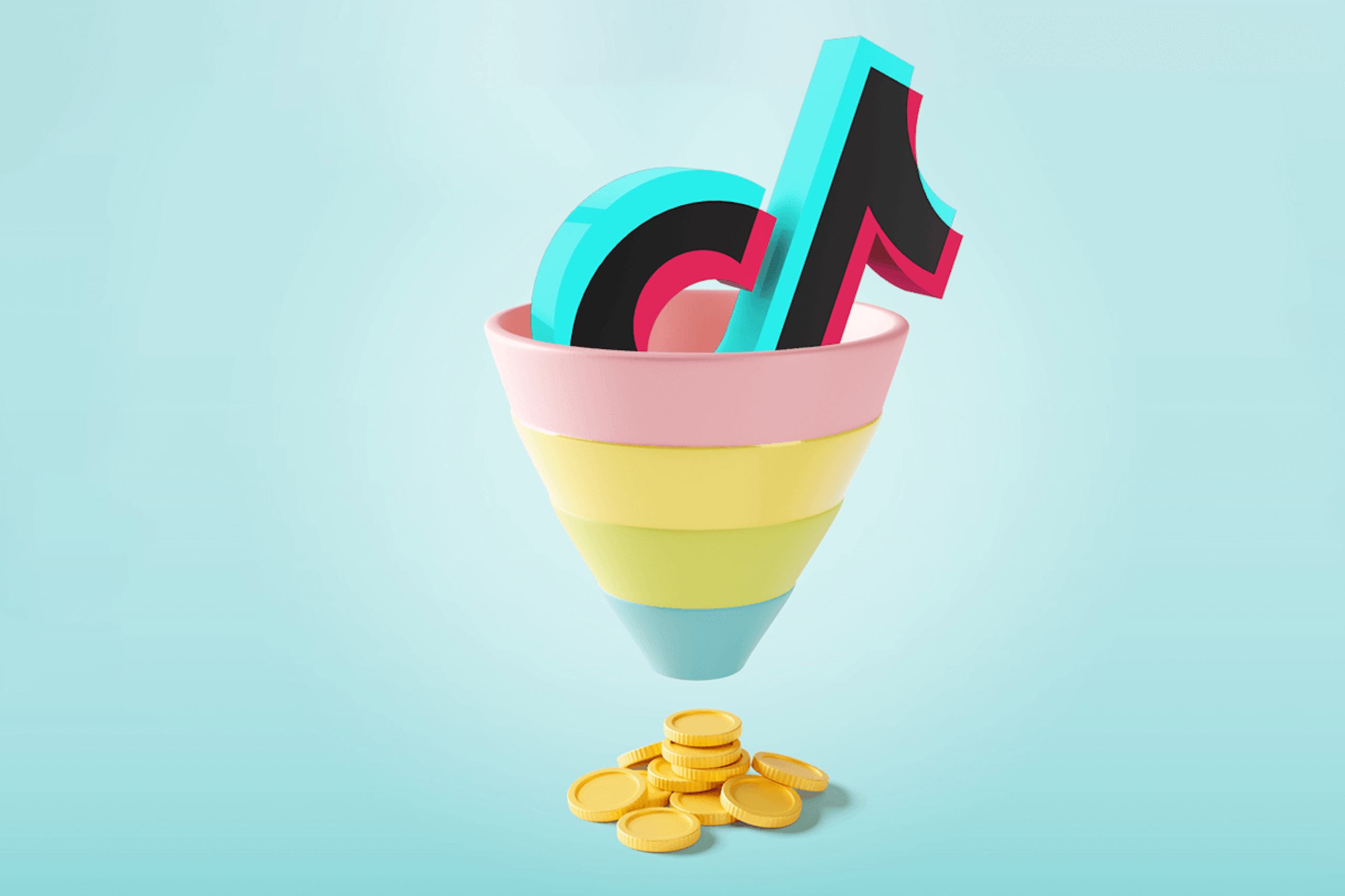 3D-Illustration des TikTok-Logos, das einen Trichter durchläuft, der zu Geld führt, als Titelbild für unseren Blog über den TikTok-Erstellerfonds