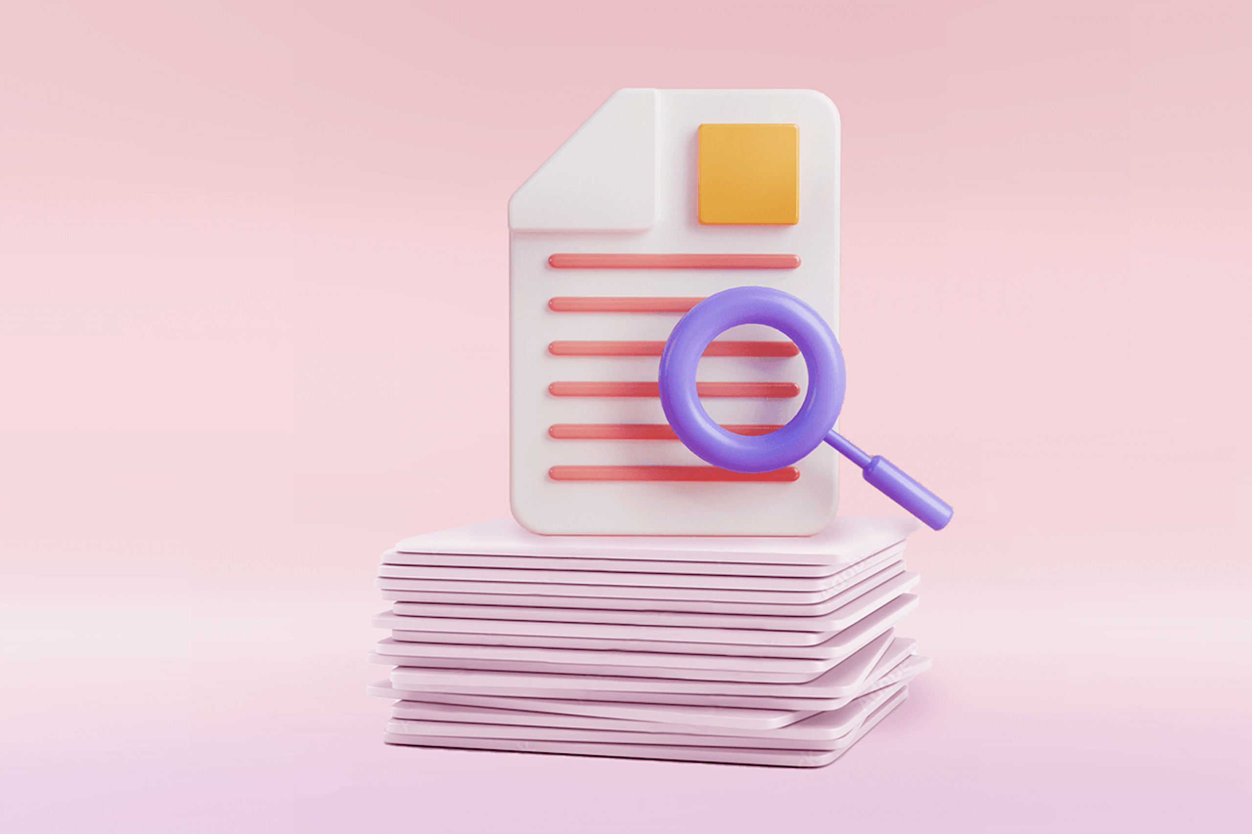3D Illustration einer Lupe über einem Dokument als Verbildlichung des Themas Sekundärforschung