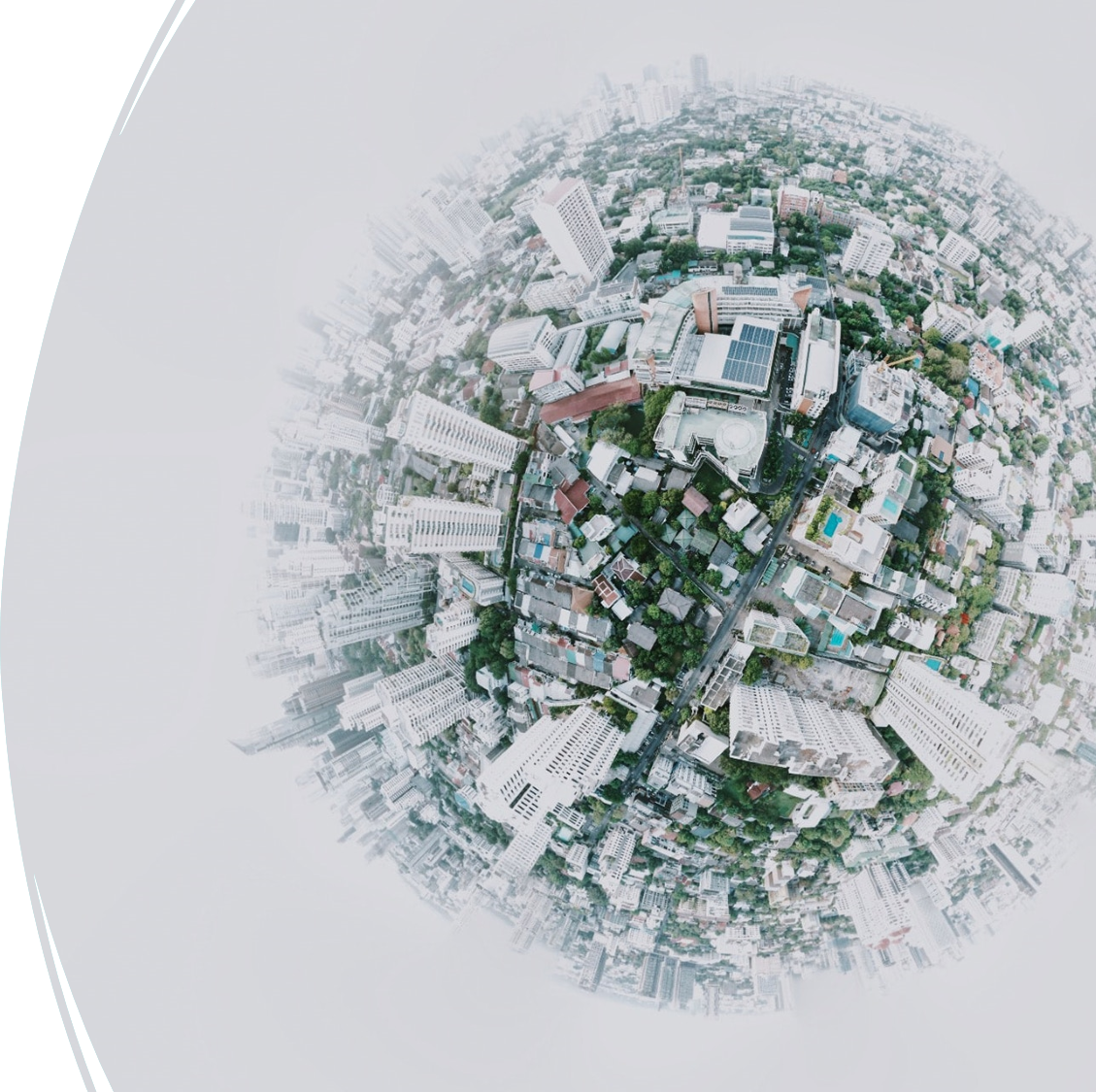 Image of a city through a fish eye lens