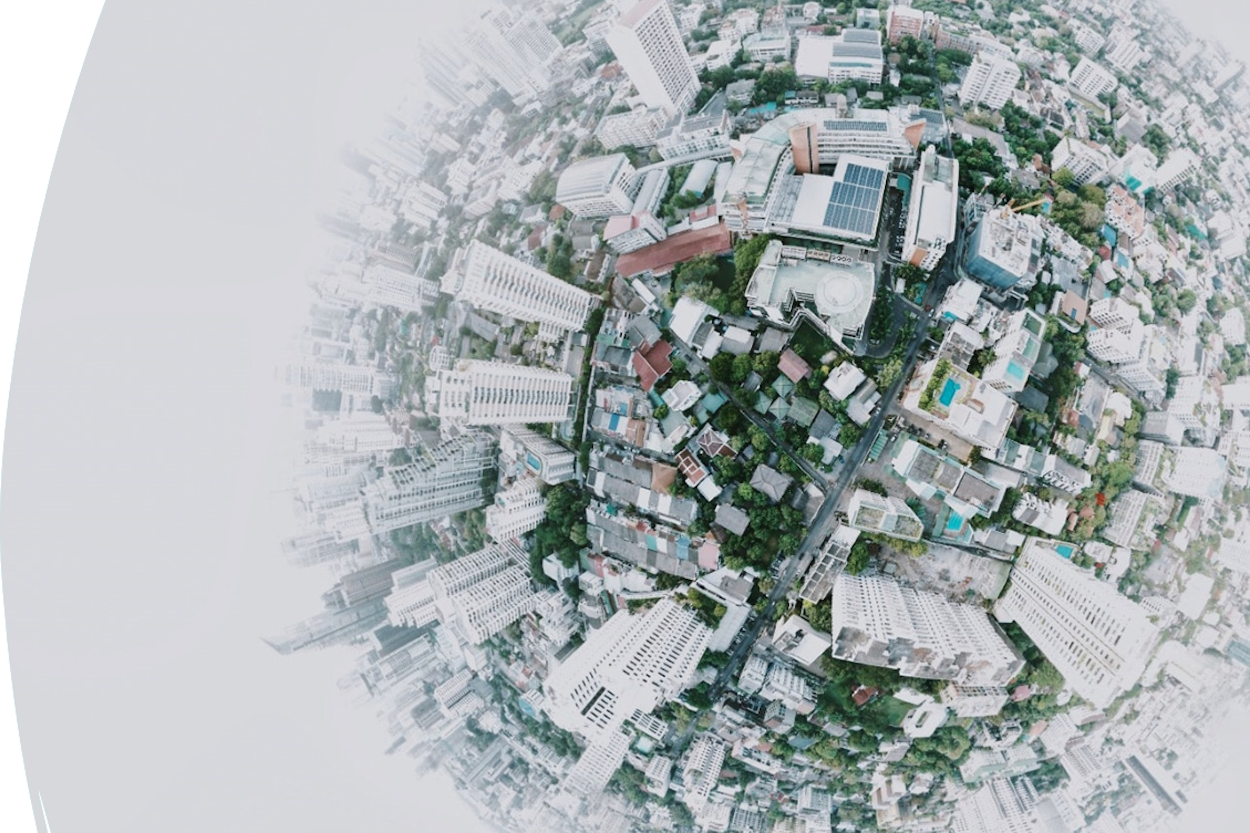 Image of a city through a fish eye lens